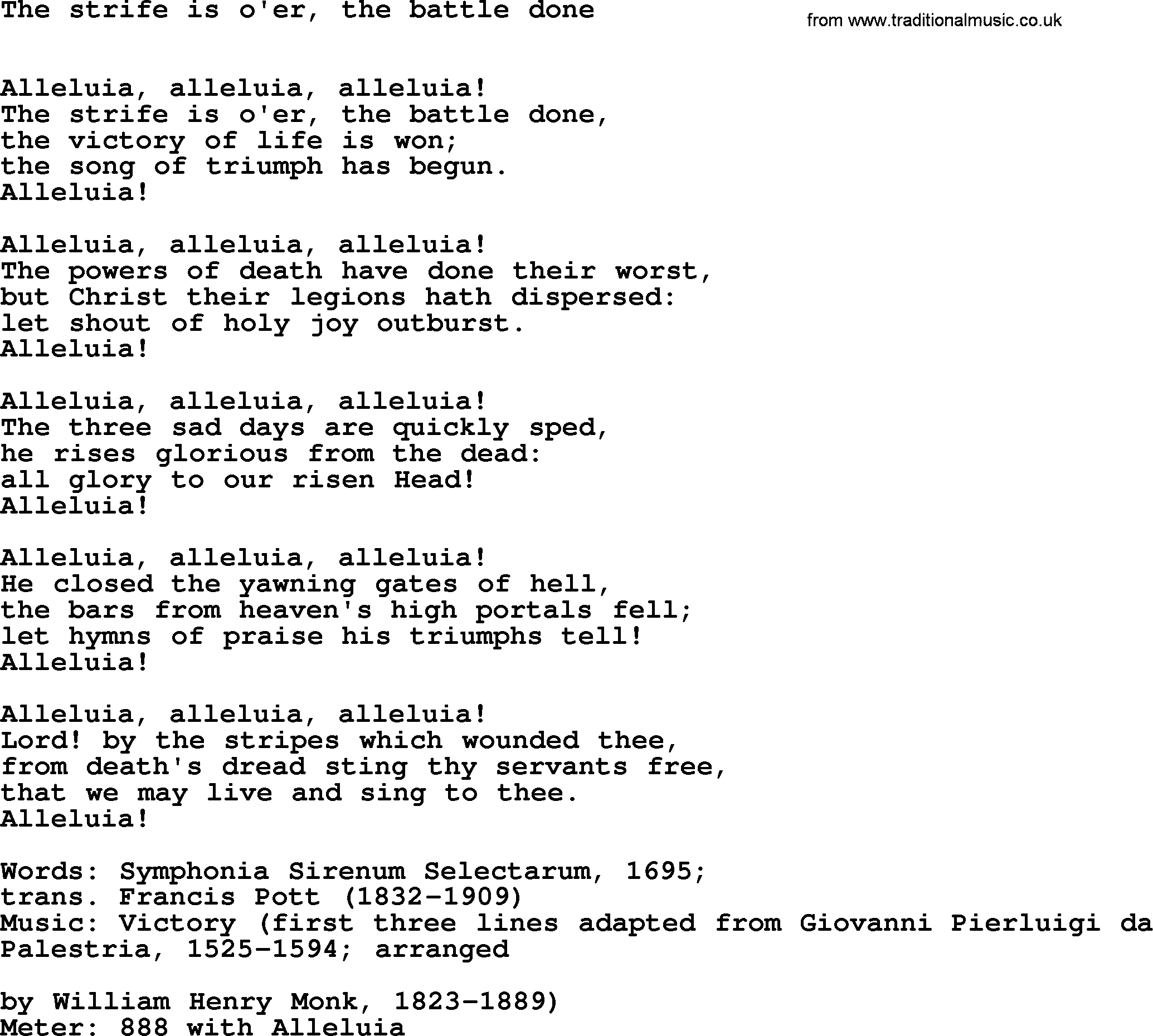 Hymns Ancient and Modern Hymn: The Strife Is O'er, The Battle Done, lyrics with midi music