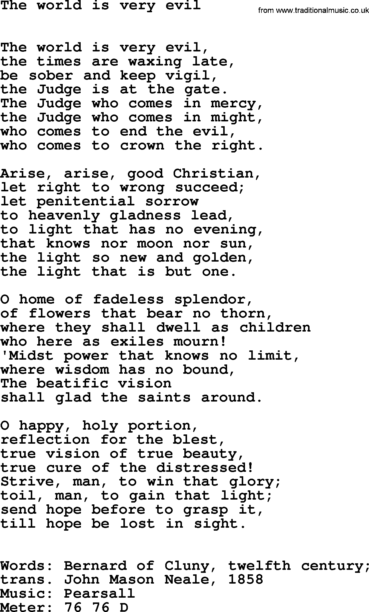 Hymns Ancient and Modern Hymn: The World Is Very Evil, lyrics with midi music