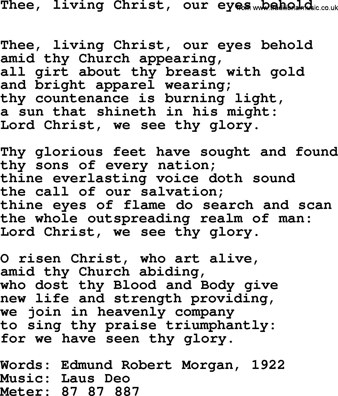 Hymns Ancient and Modern Hymn: Thee, Living Christ, Our Eyes Behold, lyrics with midi music