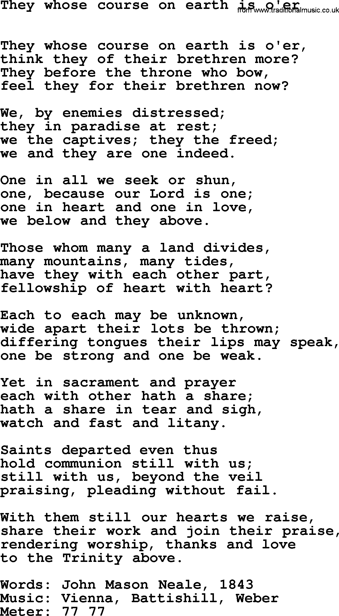 Hymns Ancient and Modern Hymn: They Whose Course On Earth Is O'er, lyrics with midi music