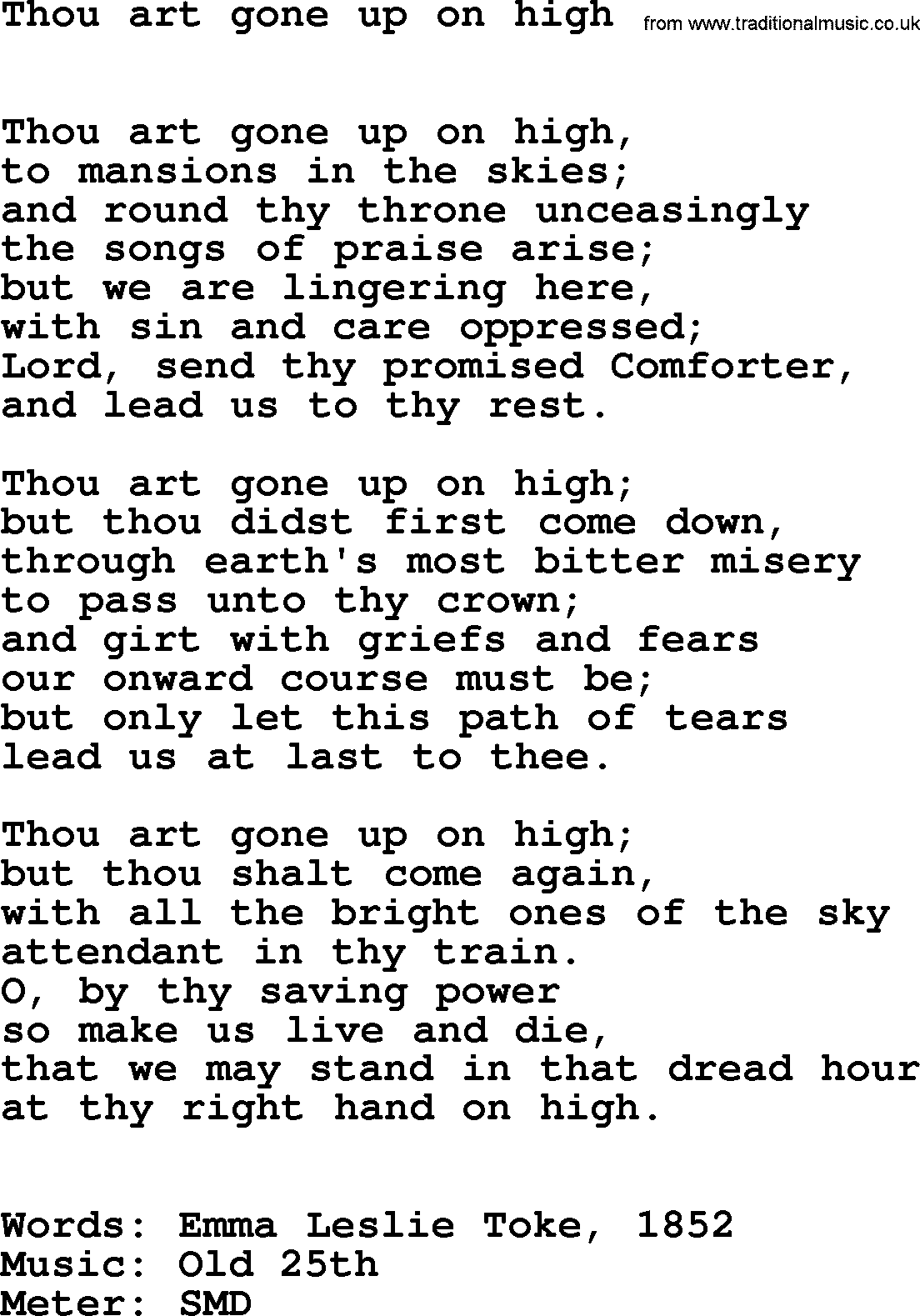 Hymns Ancient and Modern Hymn: Thou Art Gone Up On High, lyrics with midi music