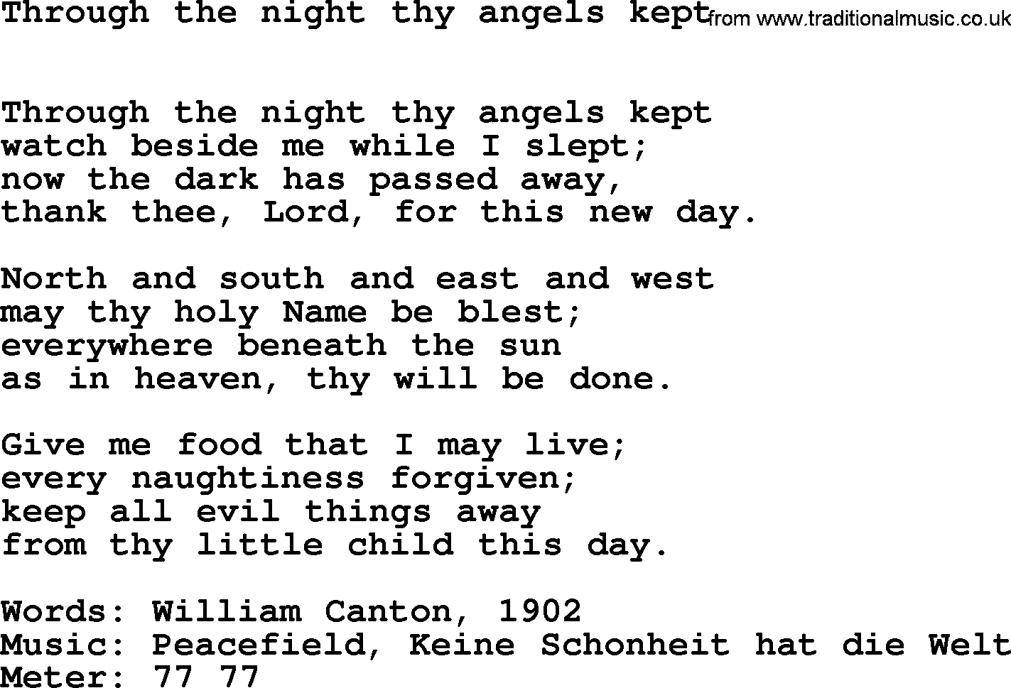 Hymns Ancient and Modern Hymn: Through The Night Thy Angels Kept, lyrics with midi music