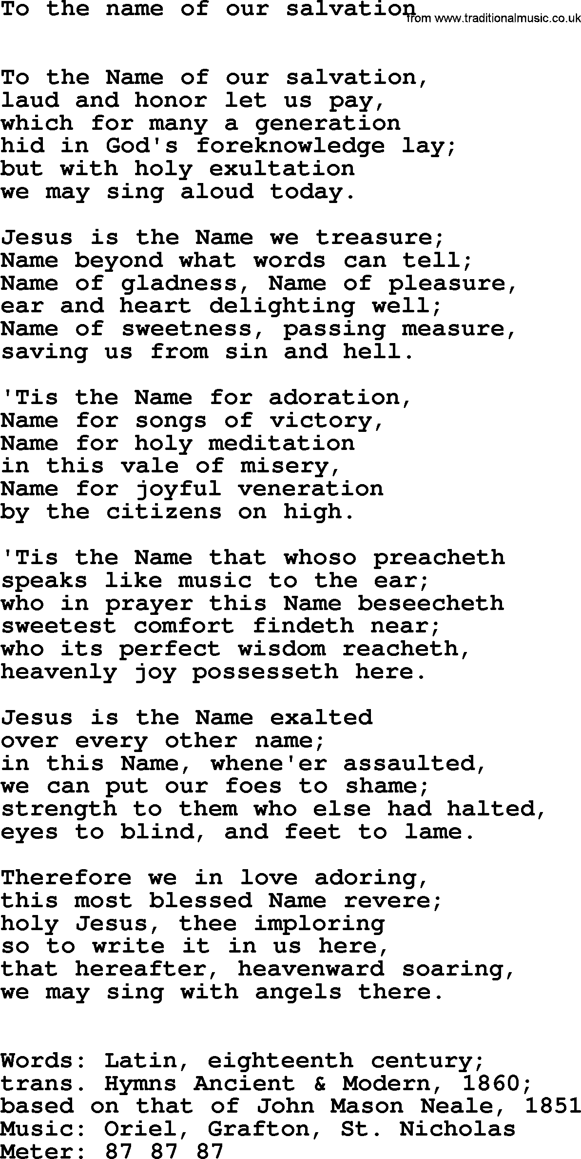 Hymns Ancient and Modern Hymn: To The Name Of Our Salvation, lyrics with midi music