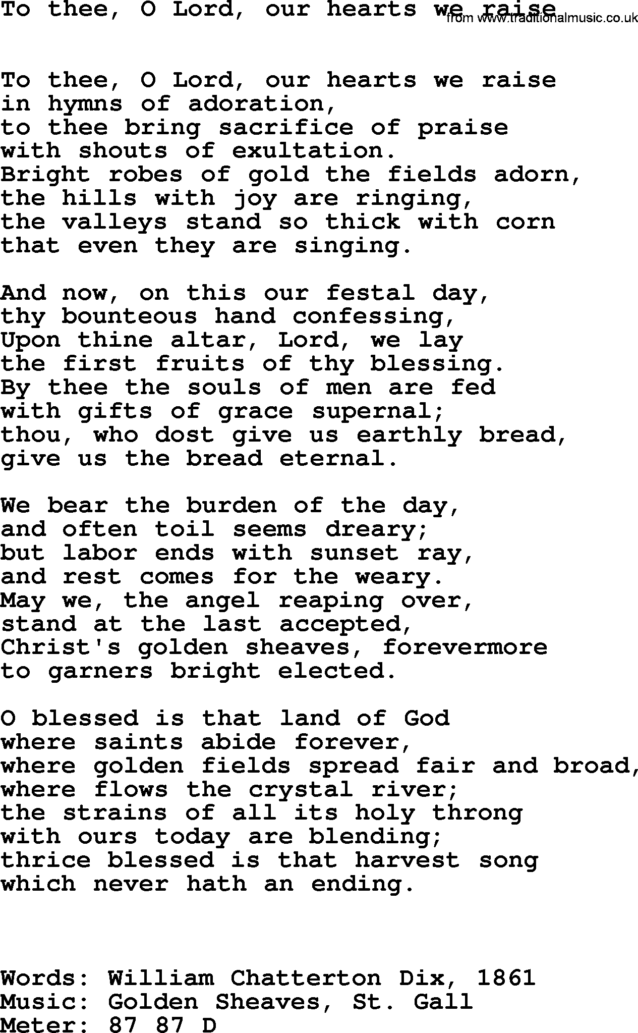 Hymns Ancient and Modern Hymn: To Thee, O Lord, Our Hearts We Raise, lyrics with midi music