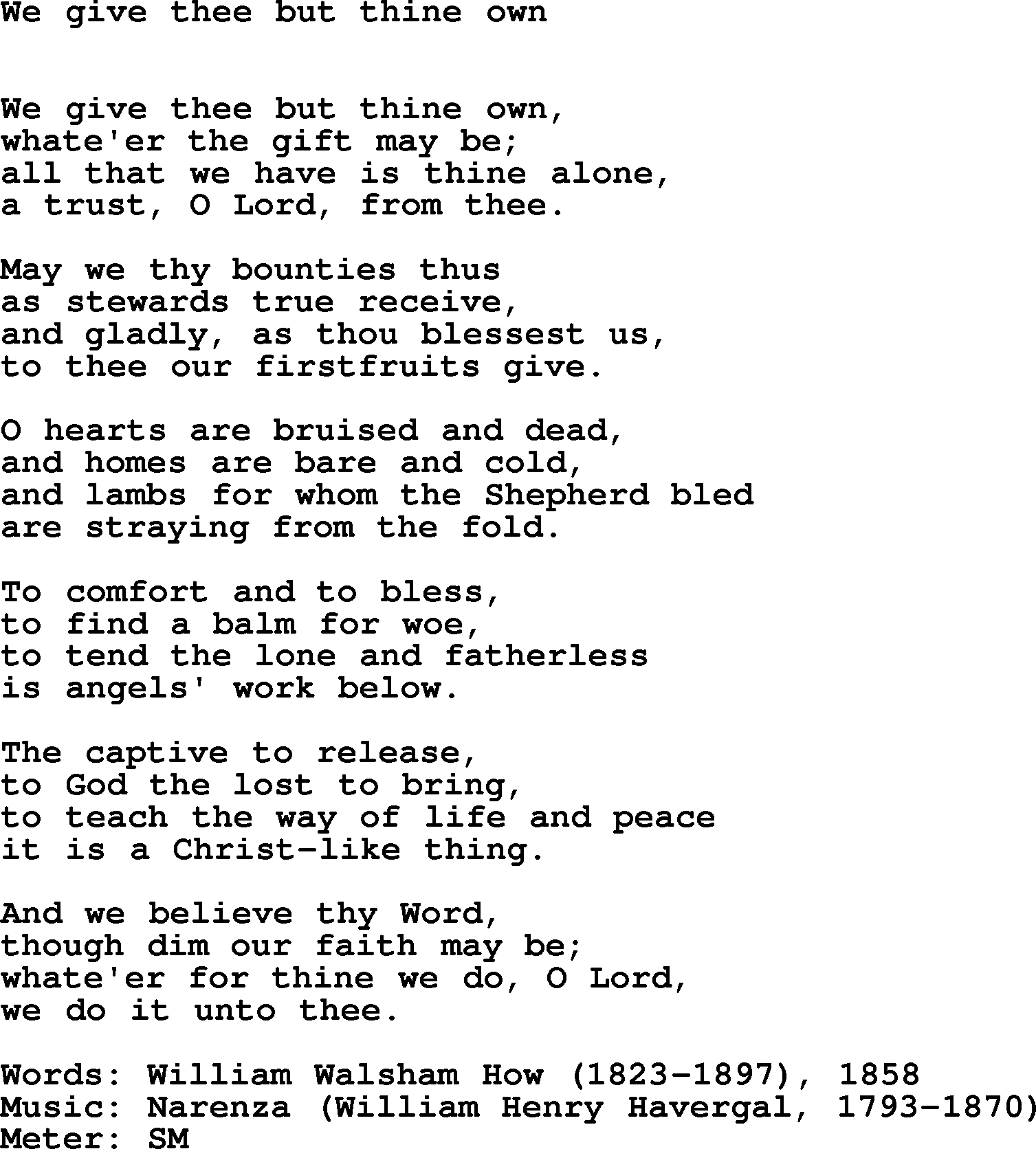 Hymns Ancient and Modern Hymn: We Give Thee But Thine Own, lyrics with midi music