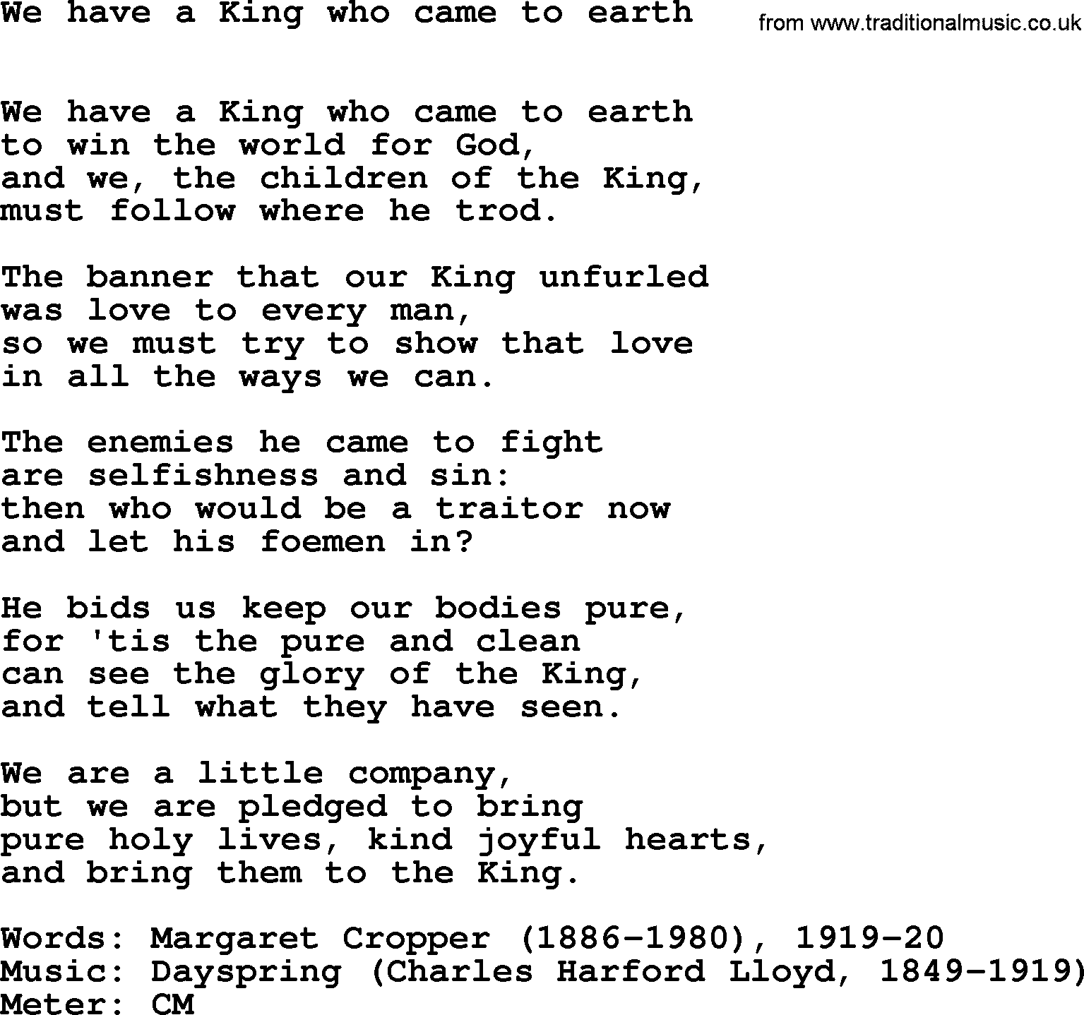 Hymns Ancient and Modern Hymn: We Have A King Who Came To Earth, lyrics with midi music