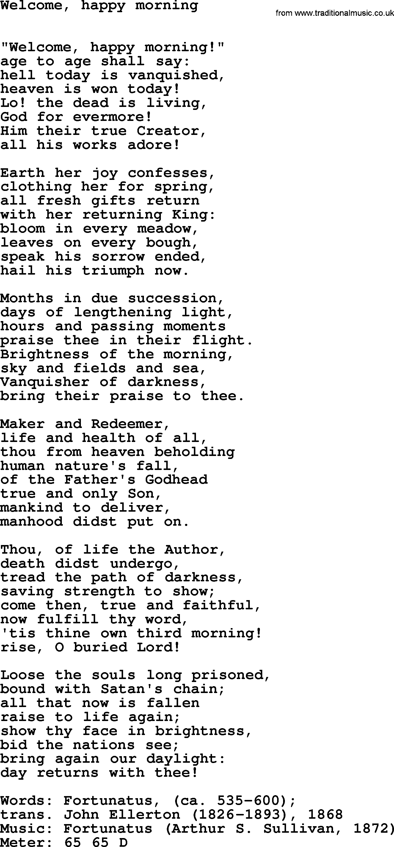 Hymns Ancient and Modern Hymn: Welcome, Happy Morning, lyrics with midi music