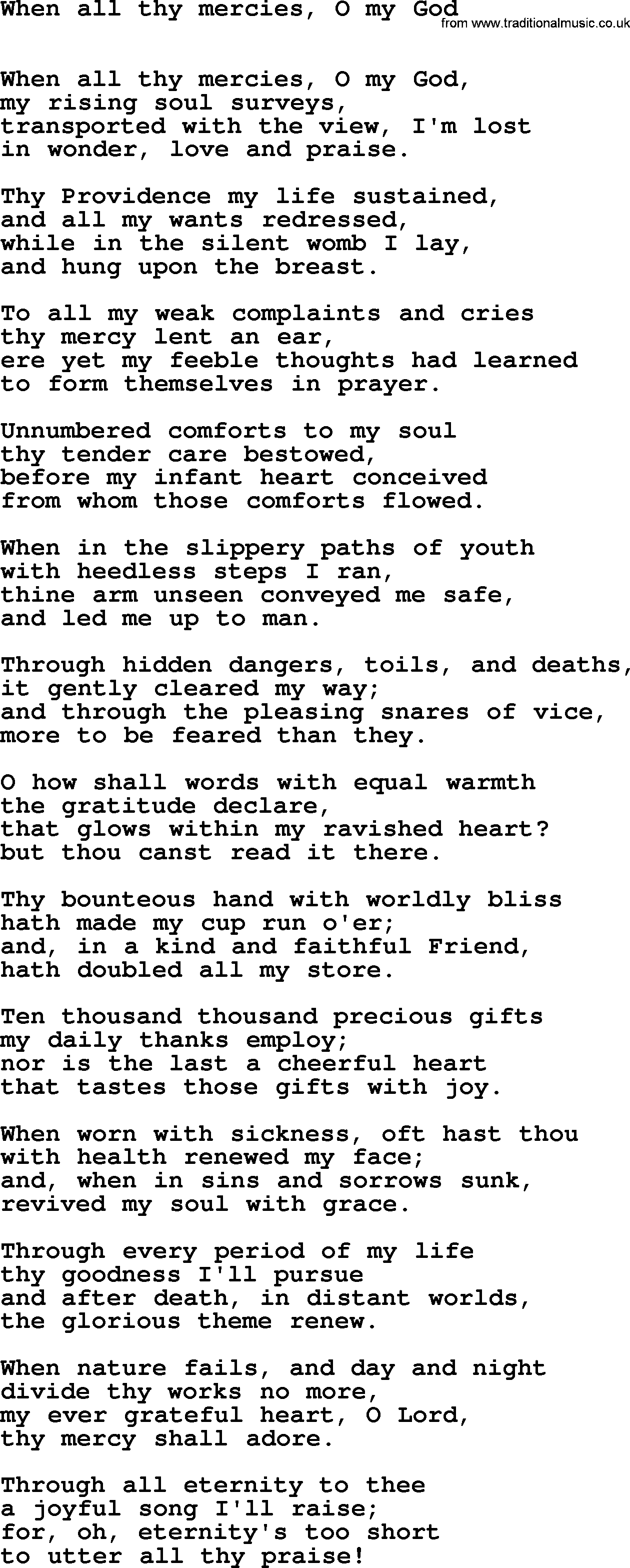 Hymns Ancient and Modern Hymn: When All Thy Mercies, O My God, lyrics with midi music