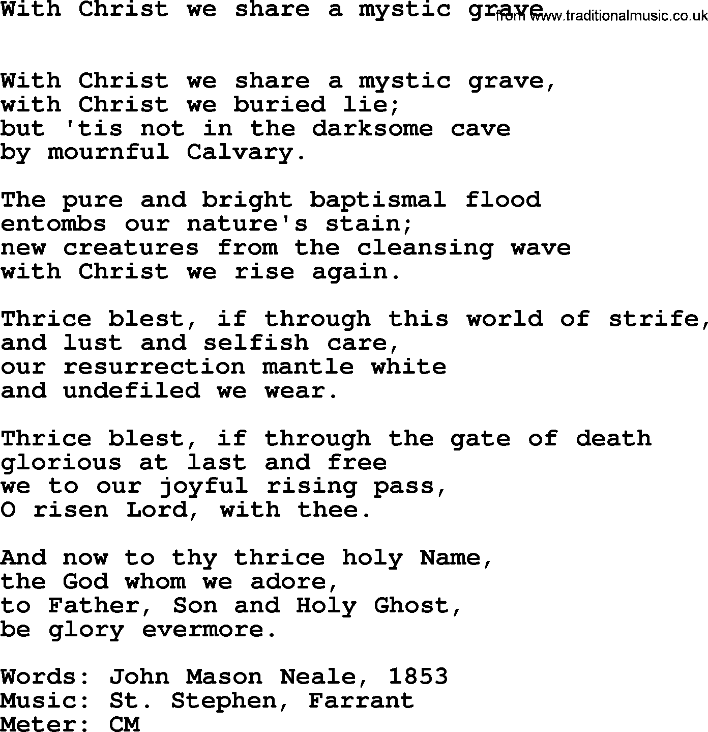 Hymns Ancient and Modern Hymn: With Christ We Share A Mystic Grave, lyrics with midi music