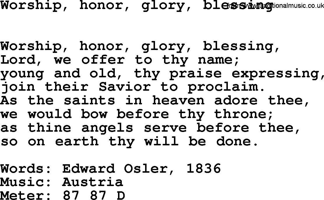 Hymns Ancient and Modern Hymn: Worship, Honor, Glory, Blessing, lyrics with midi music