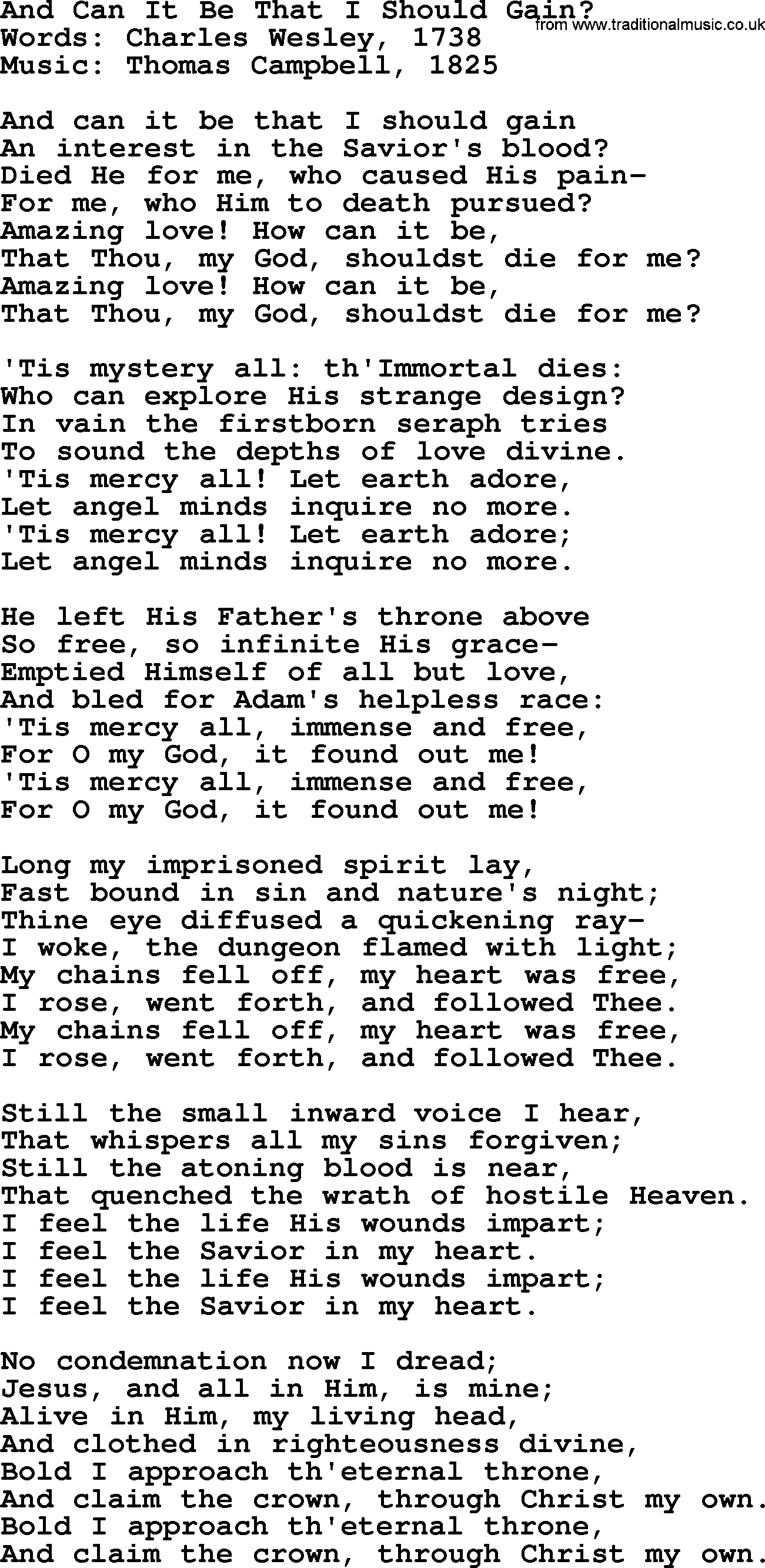Hymns about Angels, Hymn: And Can It Be That I Should Gain.txt lyrics with PDF