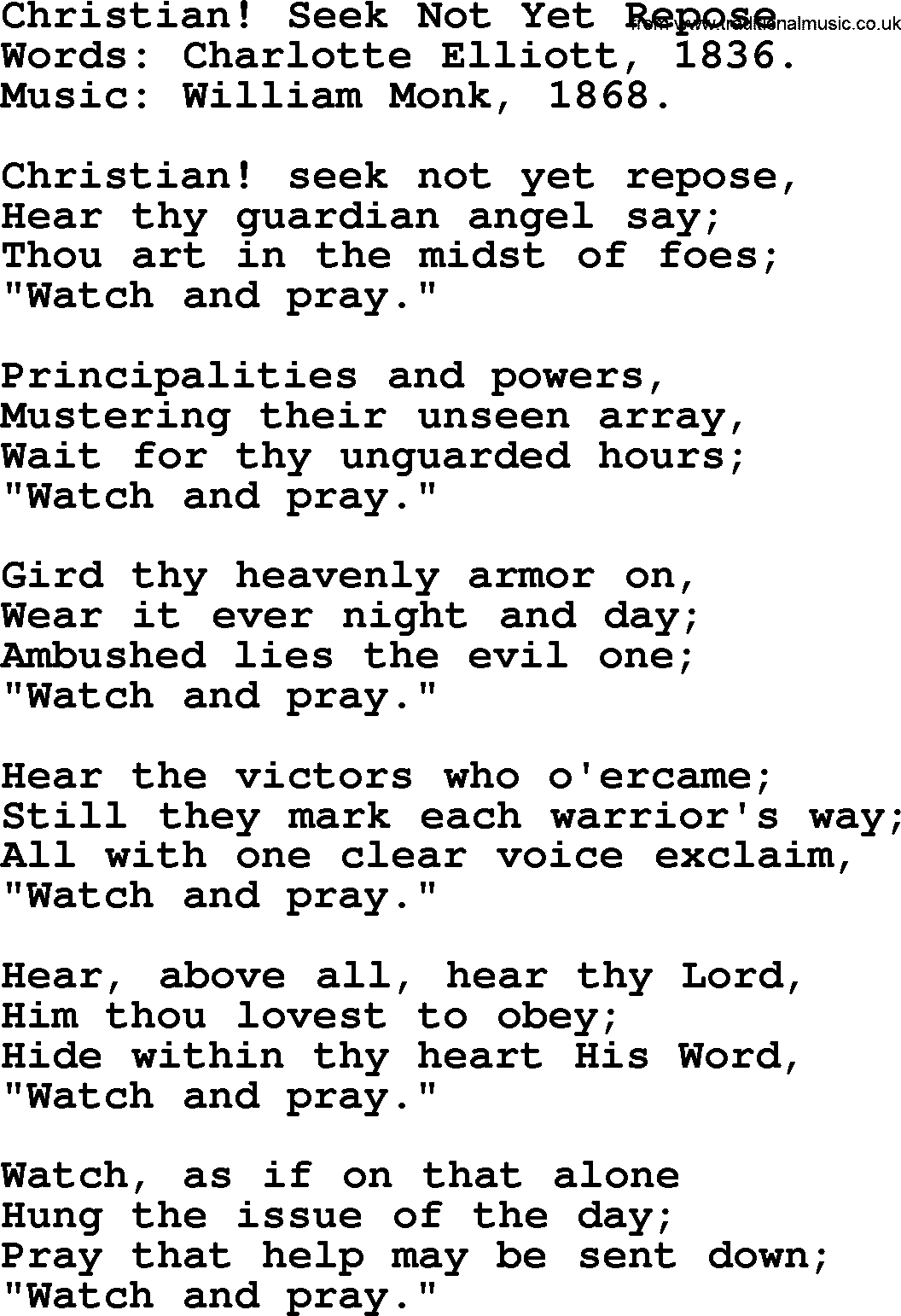 Hymns about Angels, Hymn: Christian! Seek Not Yet Repose.txt lyrics with PDF