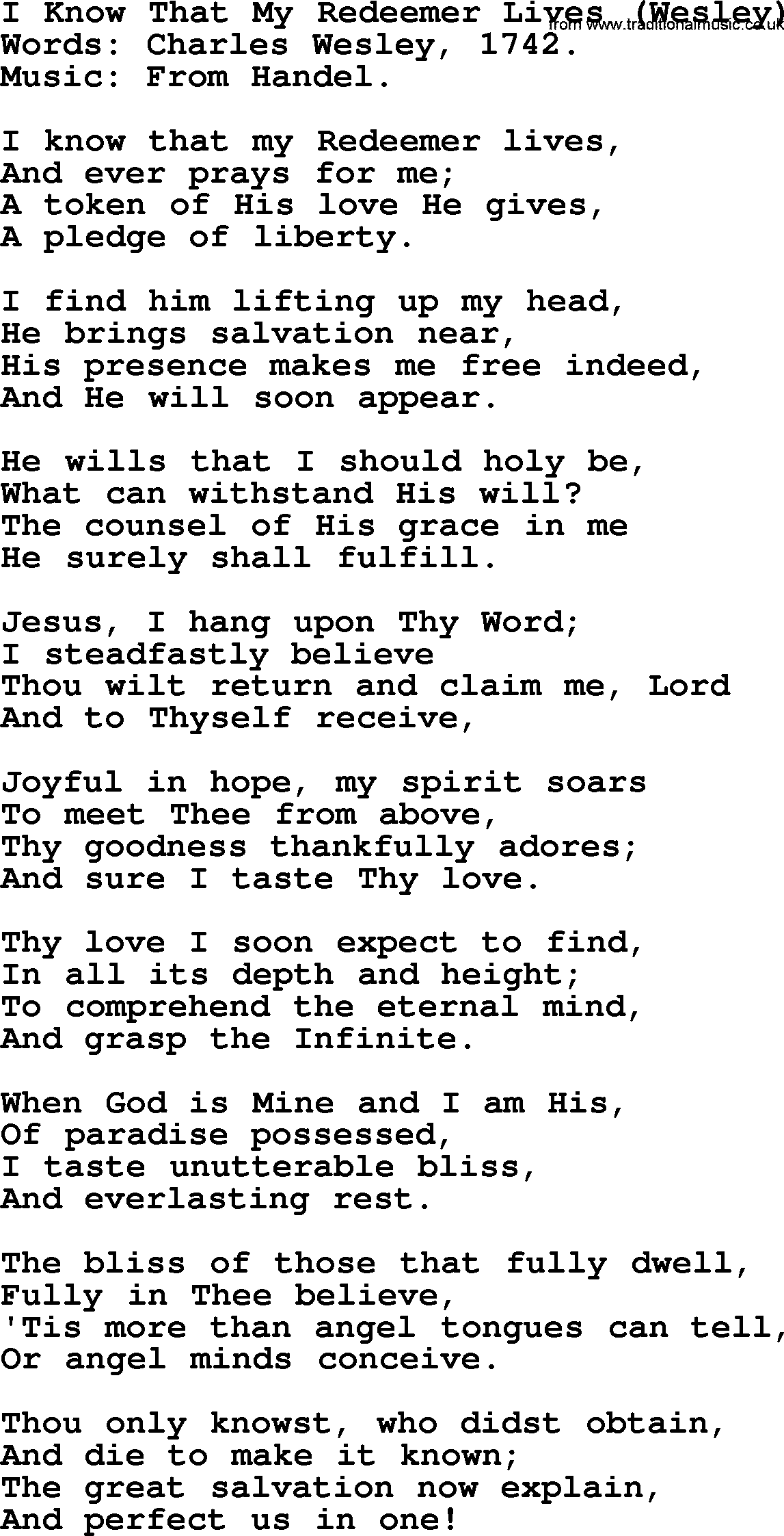 Hymns about Angels, Hymn: I Know That My Redeemer Lives (wesley).txt lyrics with PDF