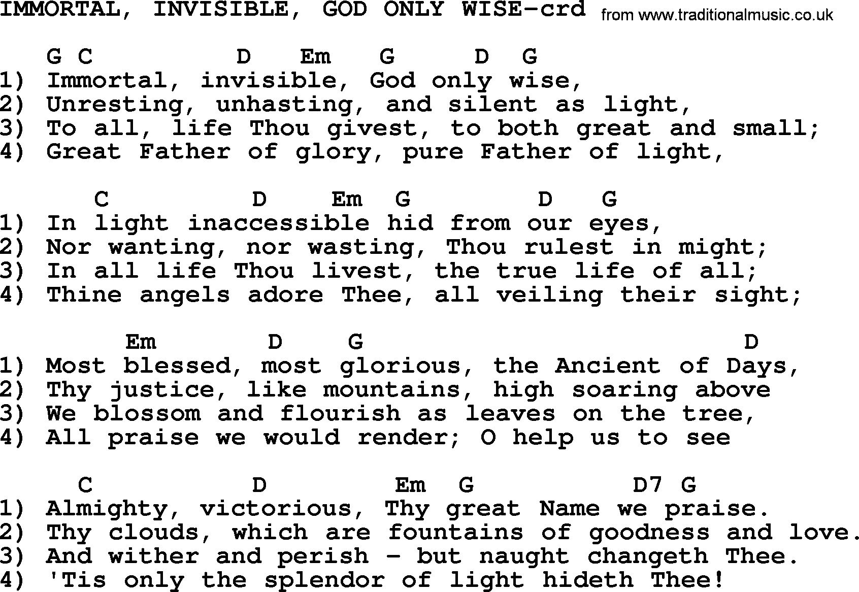 Hymns about Angels, Hymn: Immortal, Invisible, God Only Wise, lyrics and Chords with PDF
