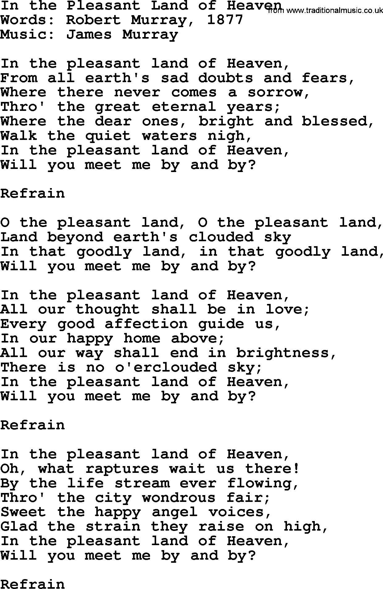 Hymns about Angels, Hymn: In The Pleasant Land Of Heaven.txt lyrics with PDF