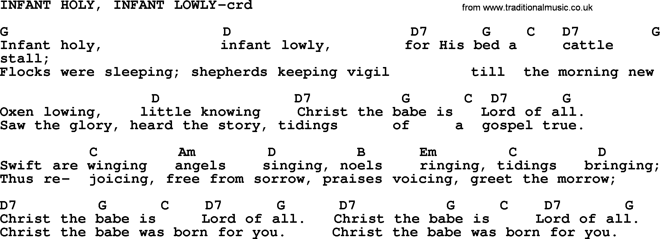 Hymns about Angels, Hymn: Infant Holy, Infant Lowly, lyrics and Chords with PDF