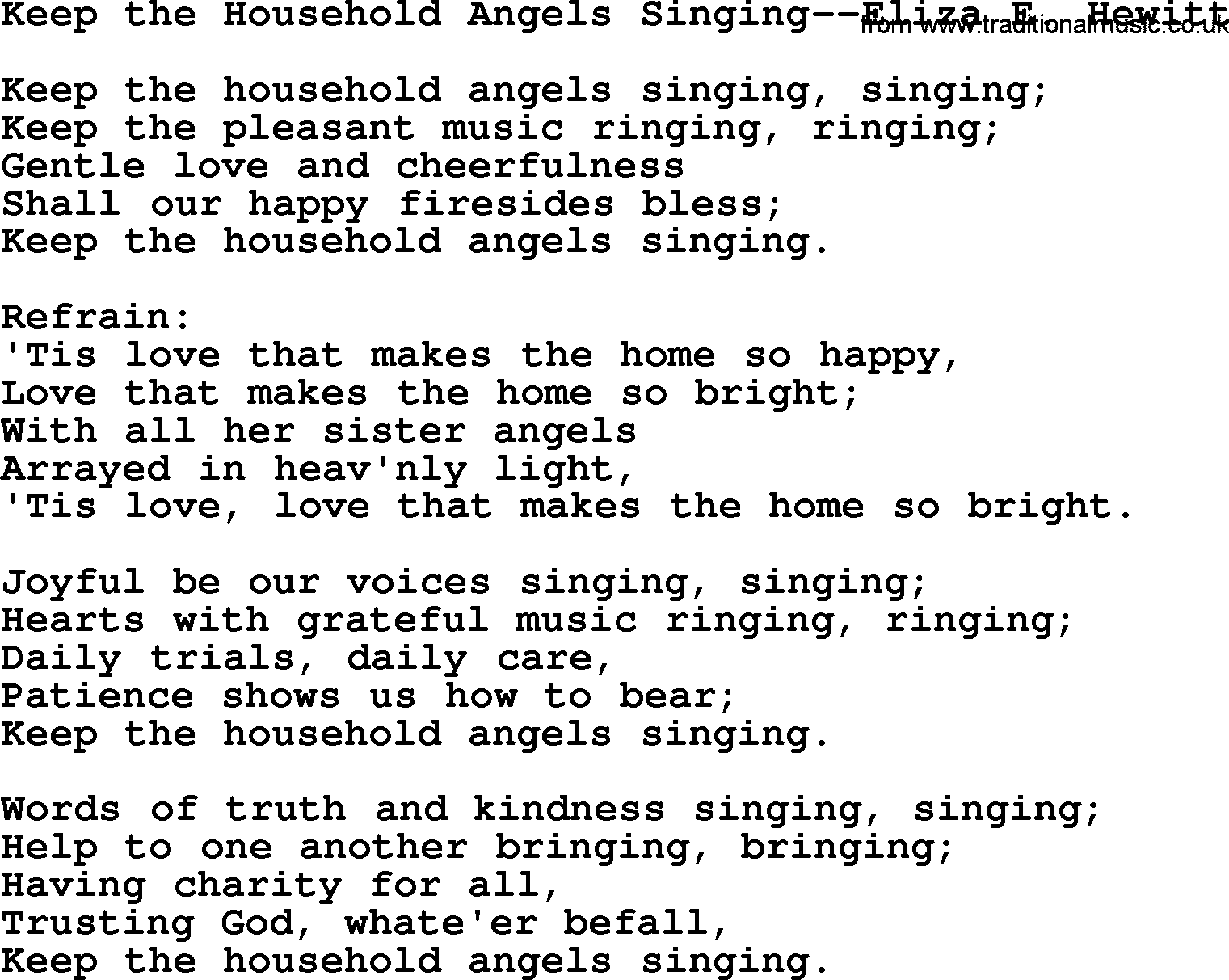 Hymns about Angels, Hymn: Keep The Household Angels Singing--eliza E. Hewitt.txt lyrics with PDF