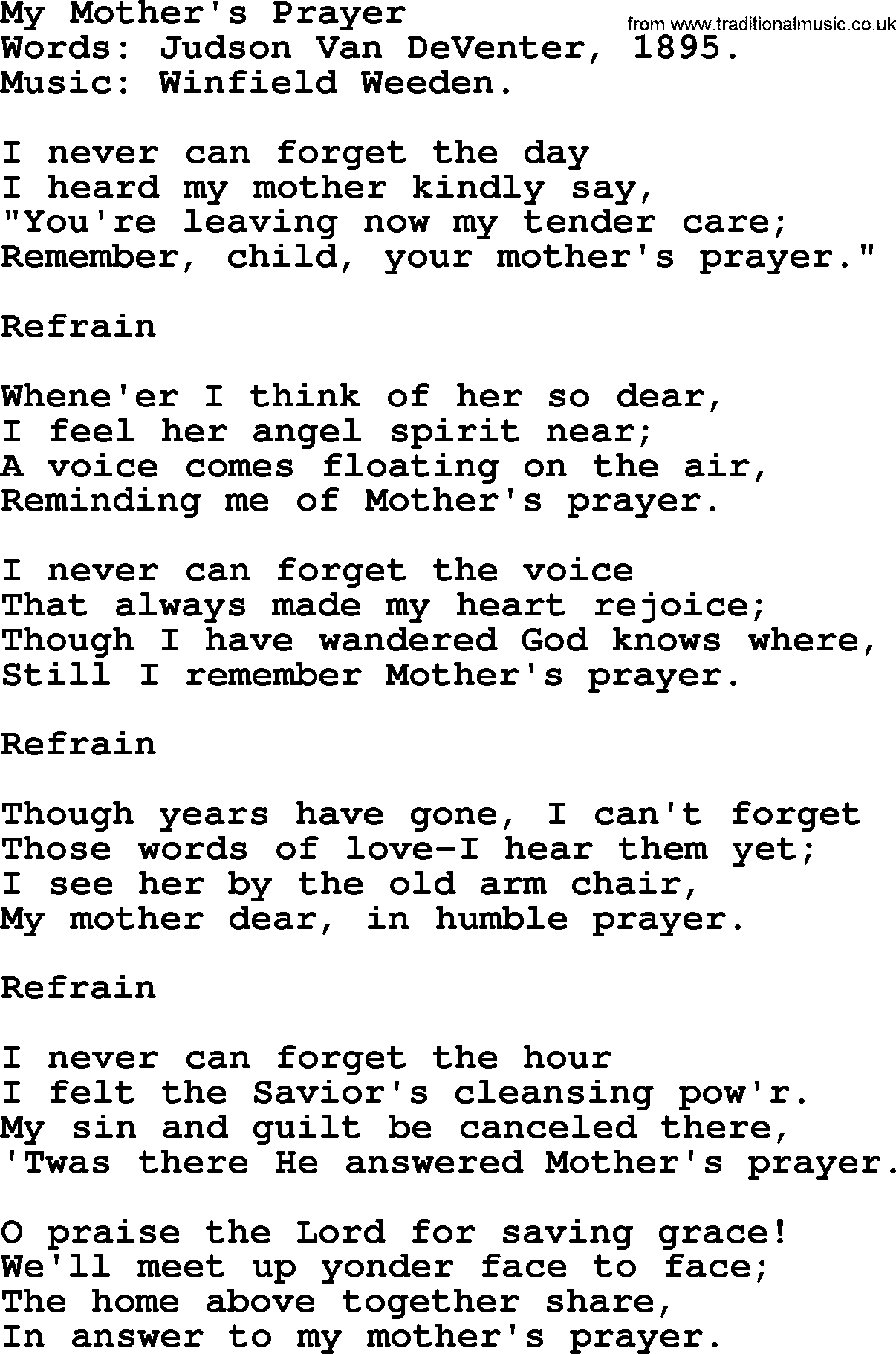 Hymns about Angels, Hymn: My Mother's Prayer.txt lyrics with PDF