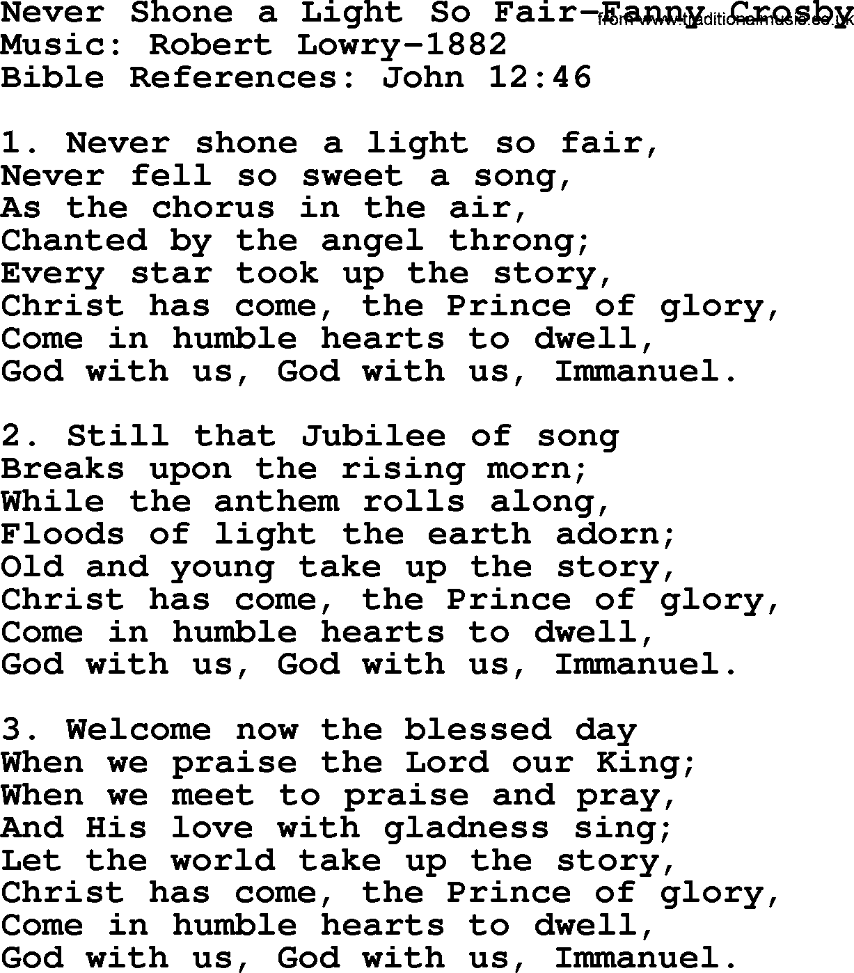 Hymns about Angels, Hymn: Never Shone A Light So Fair-fanny Crosby.txt lyrics with PDF