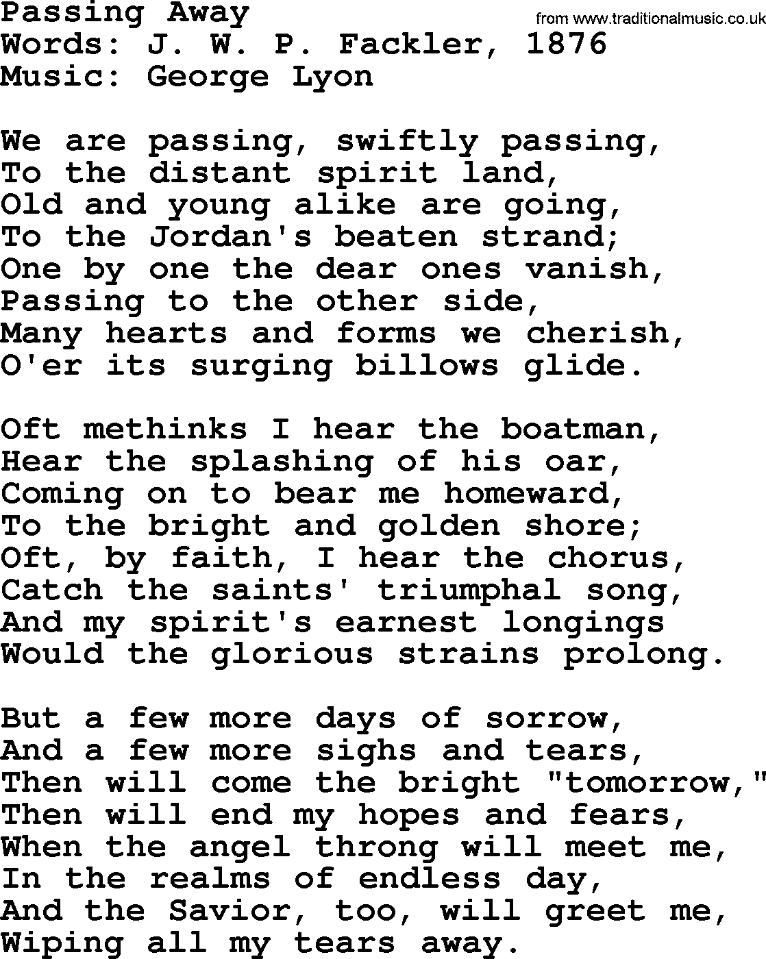 Hymns about Angels, Hymn: Passing Away.txt lyrics with PDF