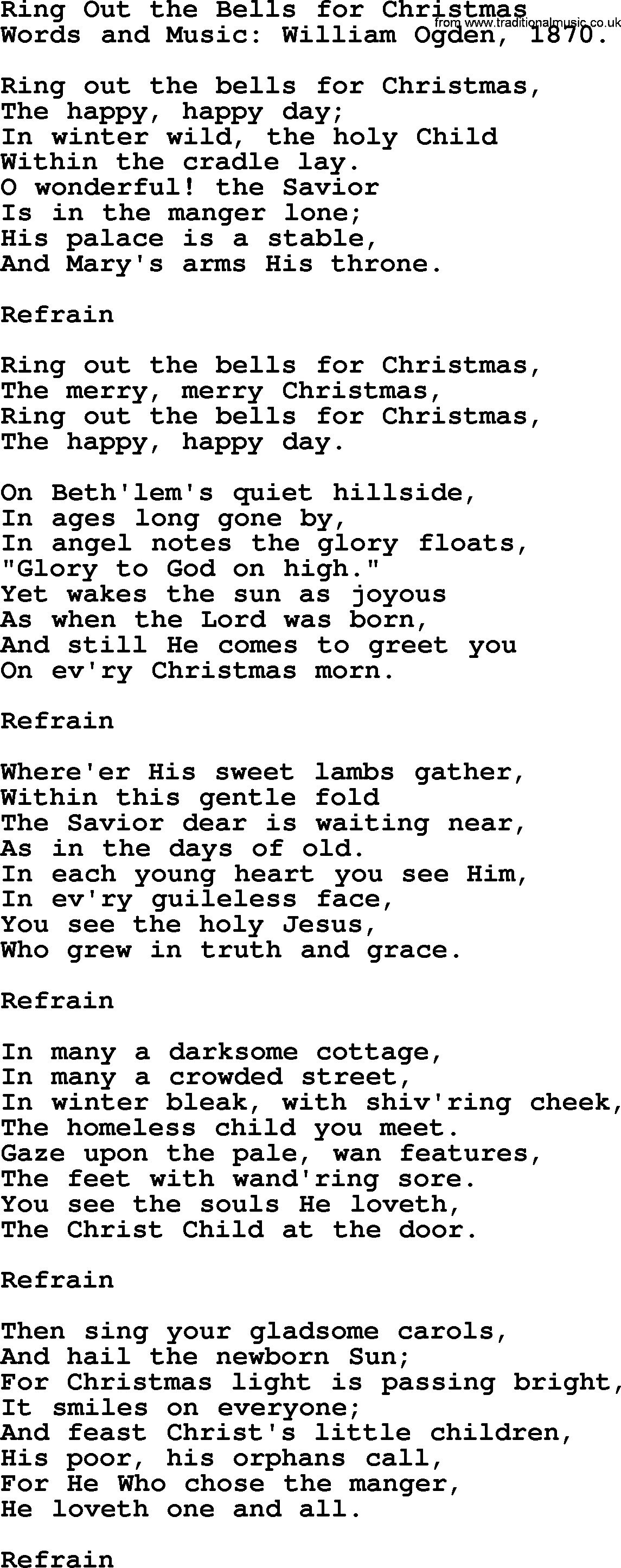 Hymns about Angels, Song: Ring Out The Bells For Christmas - complete lyrics, and PDF