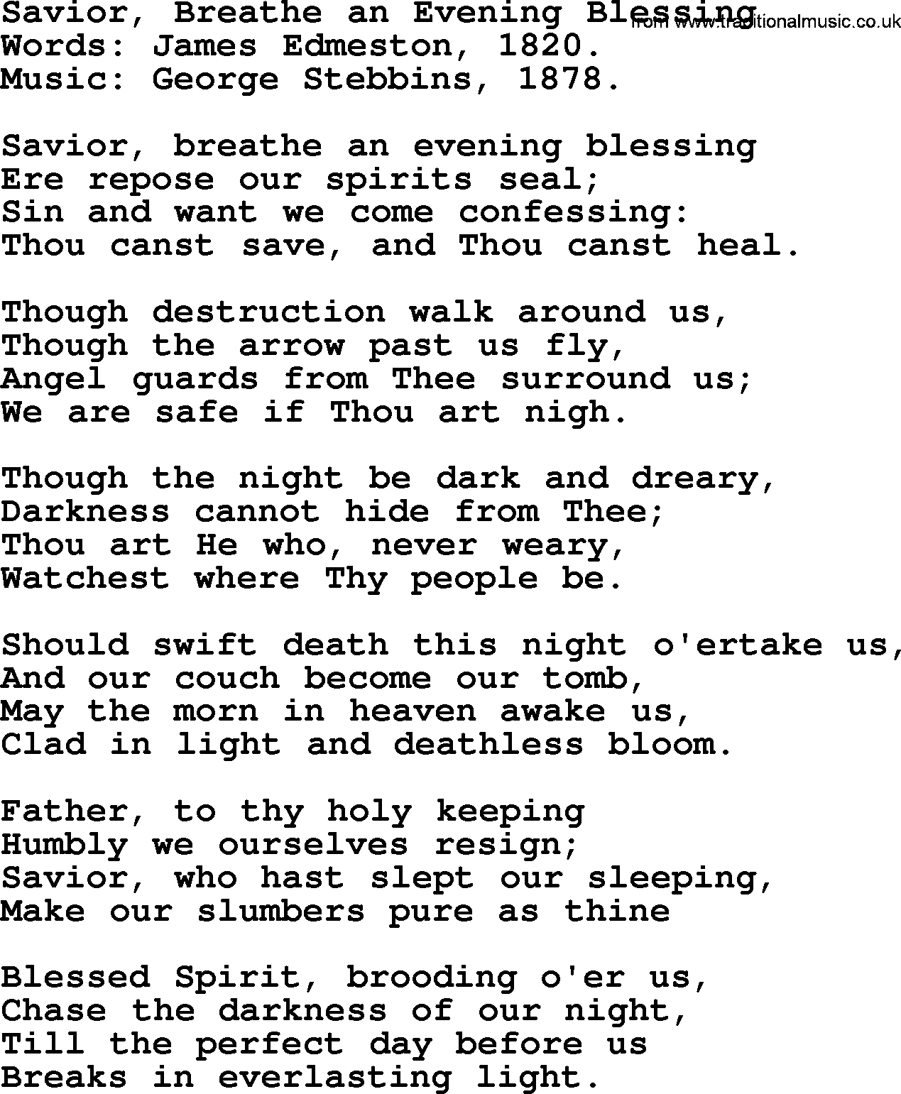 Hymns about Angels, Hymn: Savior, Breathe An Evening Blessing.txt lyrics with PDF