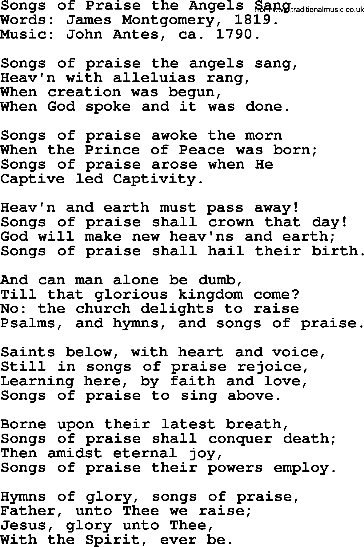 Hymns about Angels, Hymn: Songs Of Praise The Angels Sang.txt lyrics with PDF