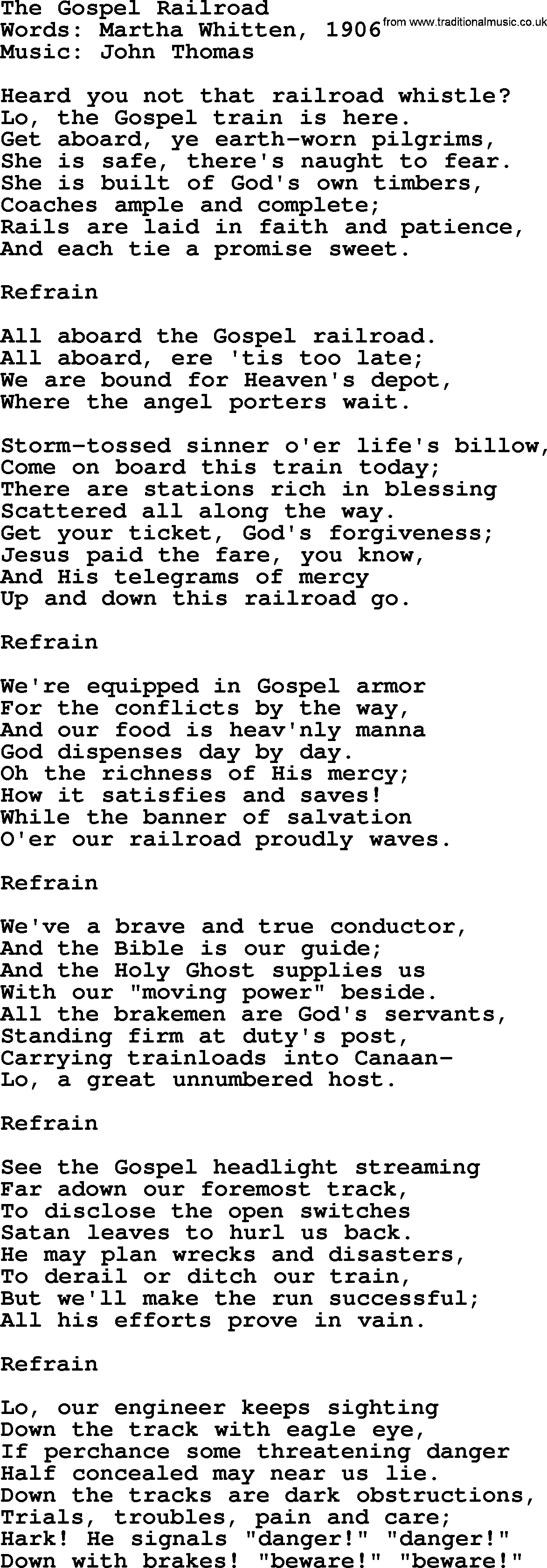 Hymns about Angels, Hymn: The Gospel Railroad.txt lyrics with PDF