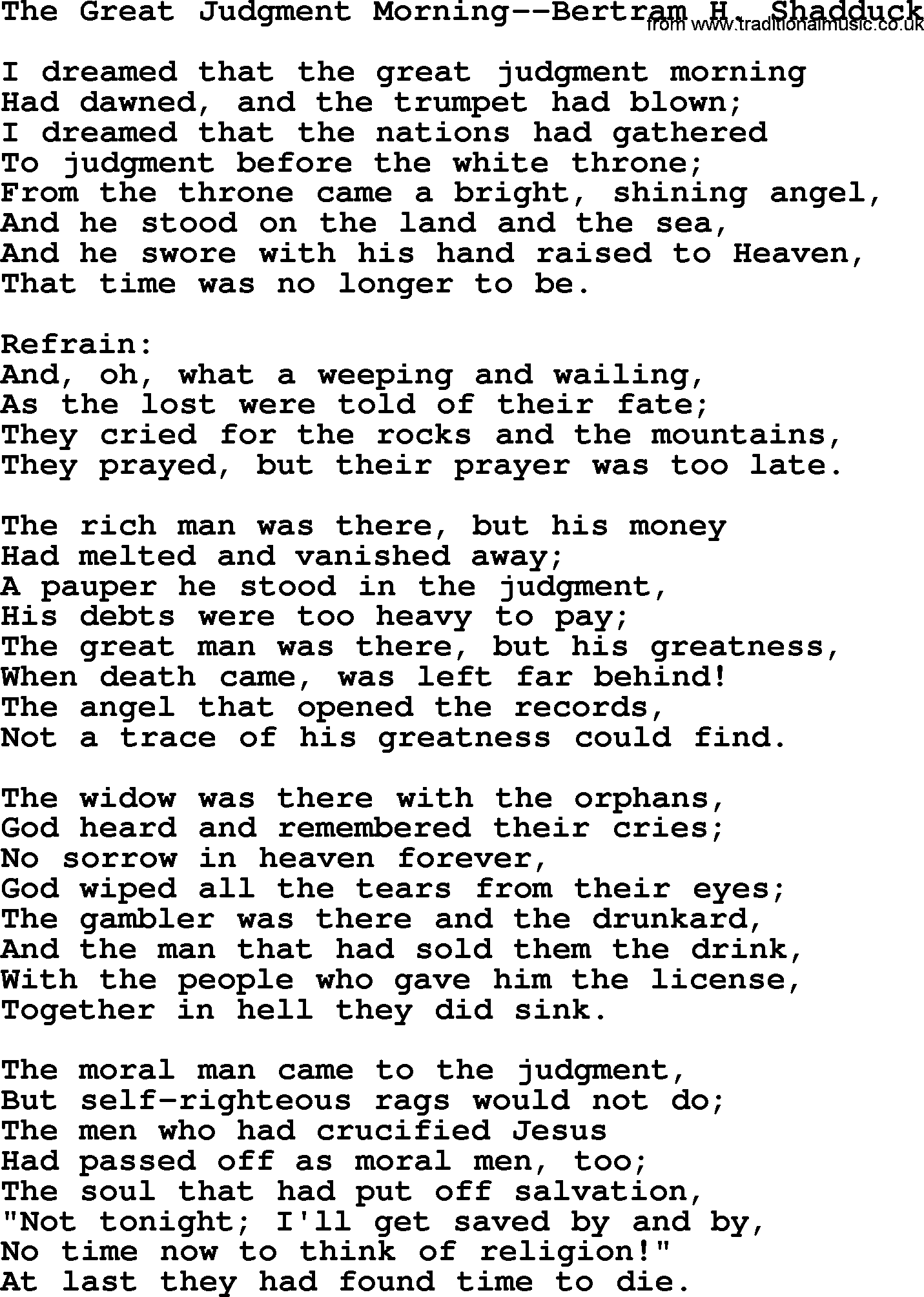 Hymns about Angels, Hymn: The Great Judgment Morning--bertram H. Shadduck.txt lyrics with PDF
