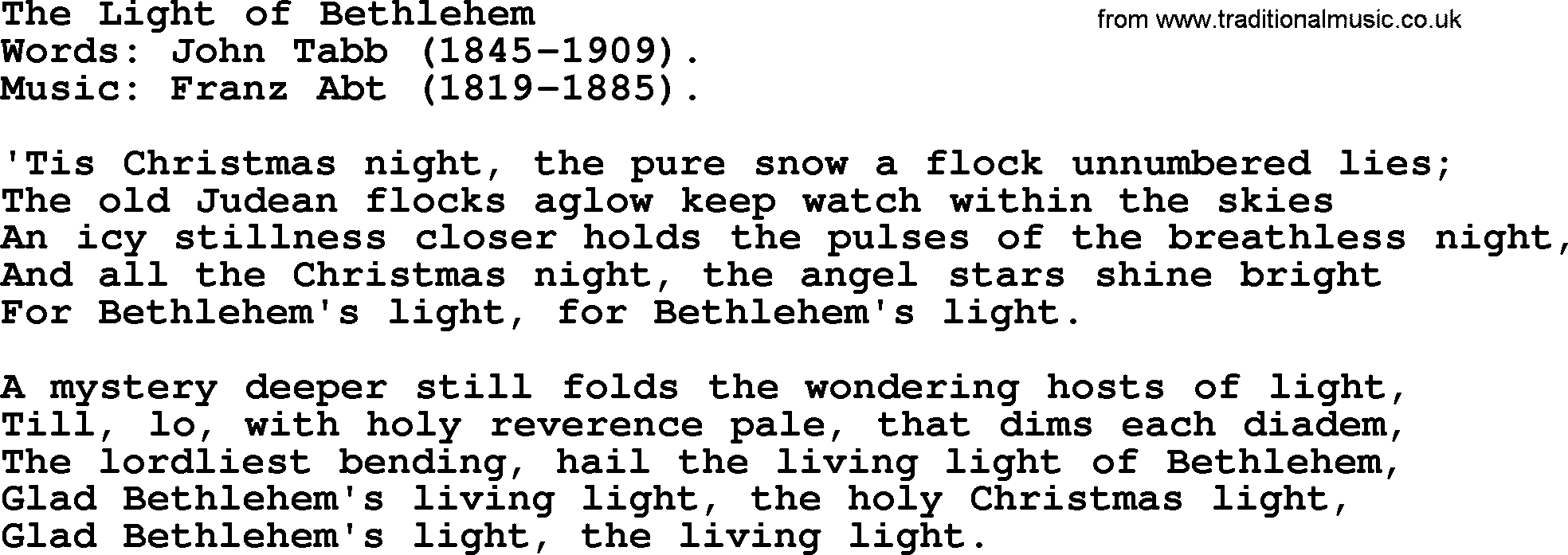 Hymns about Angels, Hymn: The Light Of Bethlehem.txt lyrics with PDF