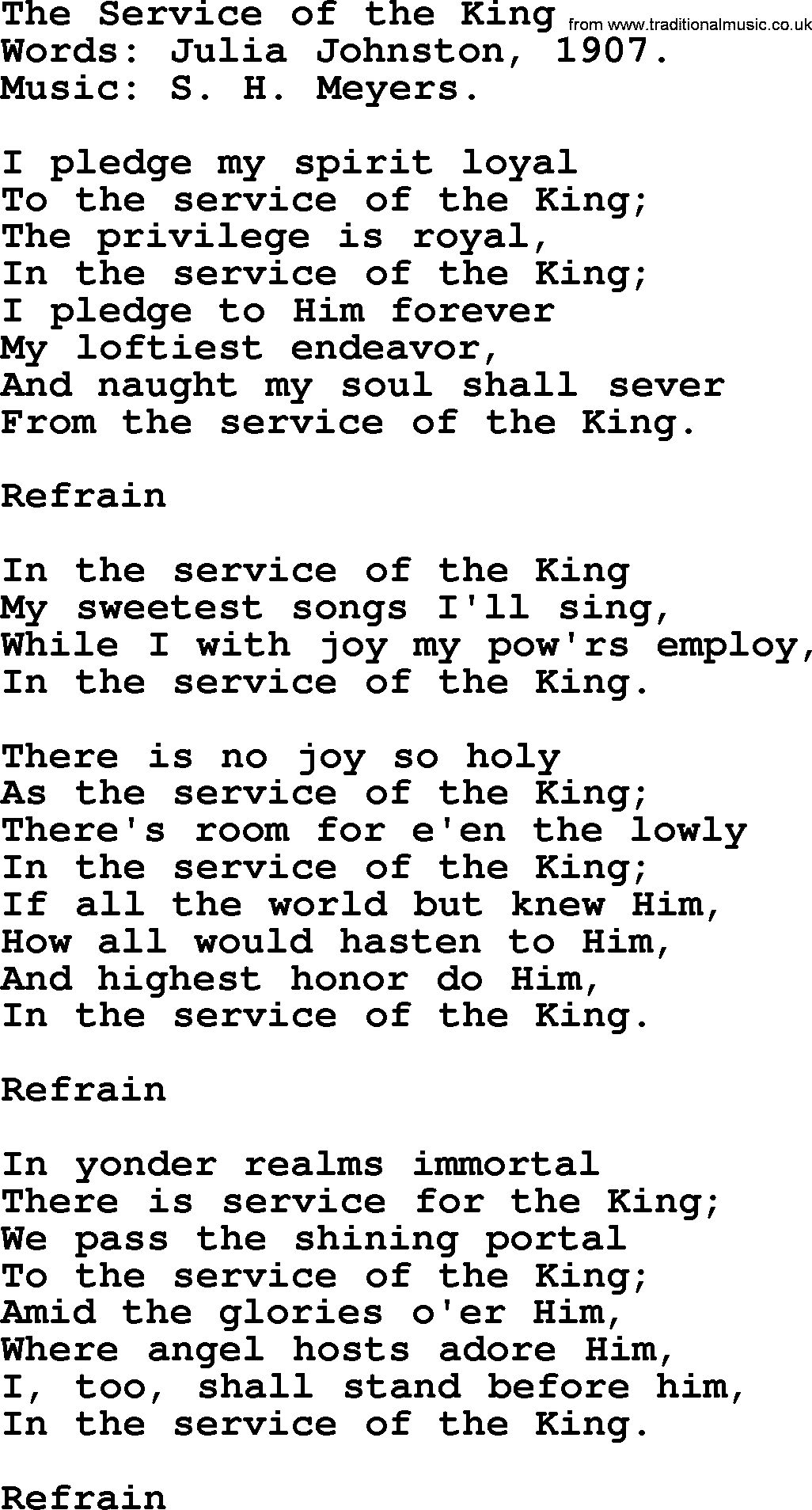 Hymns about Angels, Hymn: The Service Of The King.txt lyrics with PDF