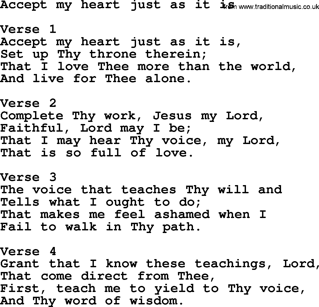 Apostolic and Pentecostal Hymns and Gospel Songs, Hymn: Accept My Heart Just As It Is, Christian lyrics and PDF