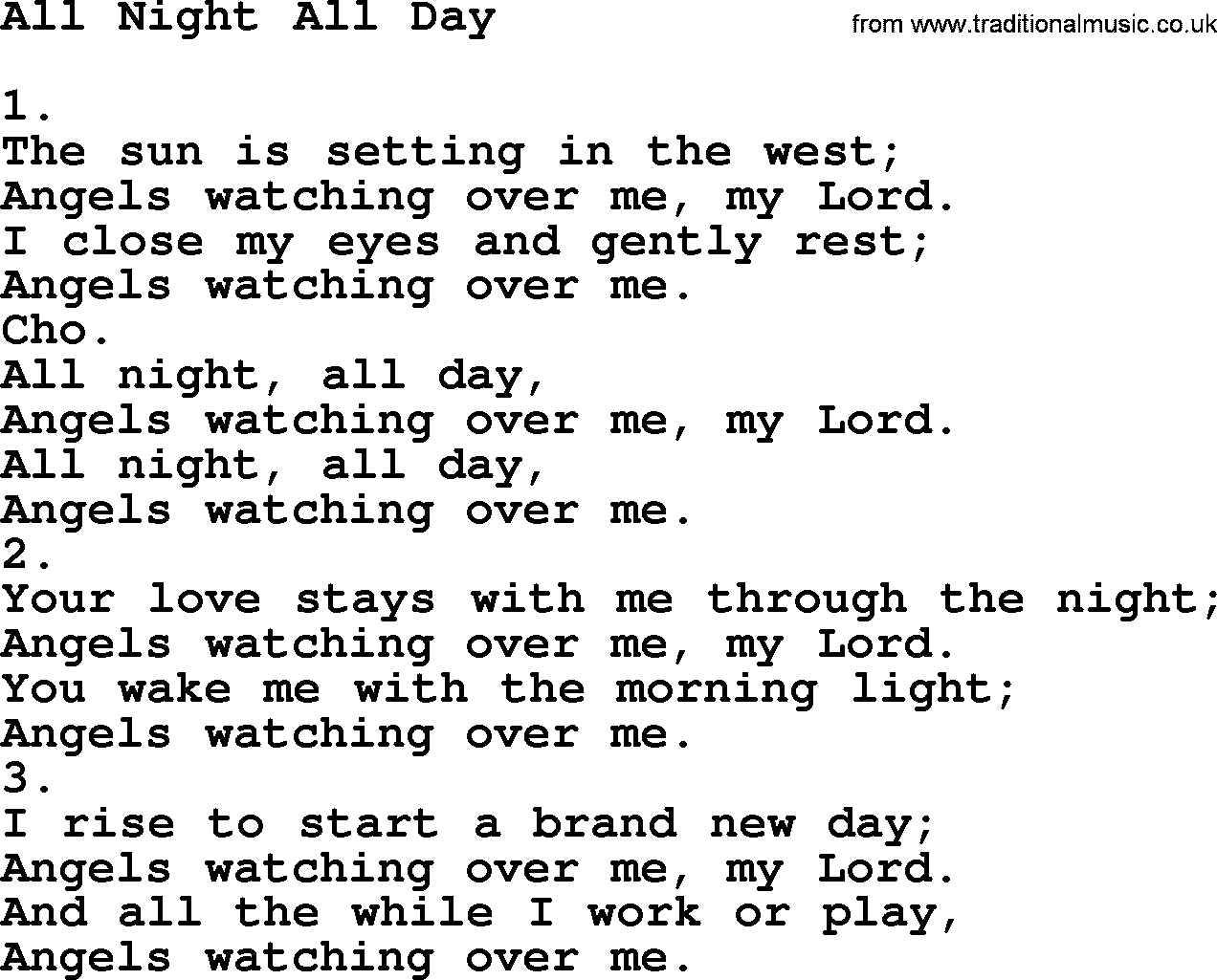 Apostolic & Pentecostal Hymns and Songs, Hymn: All Night All Day lyrics and PDF
