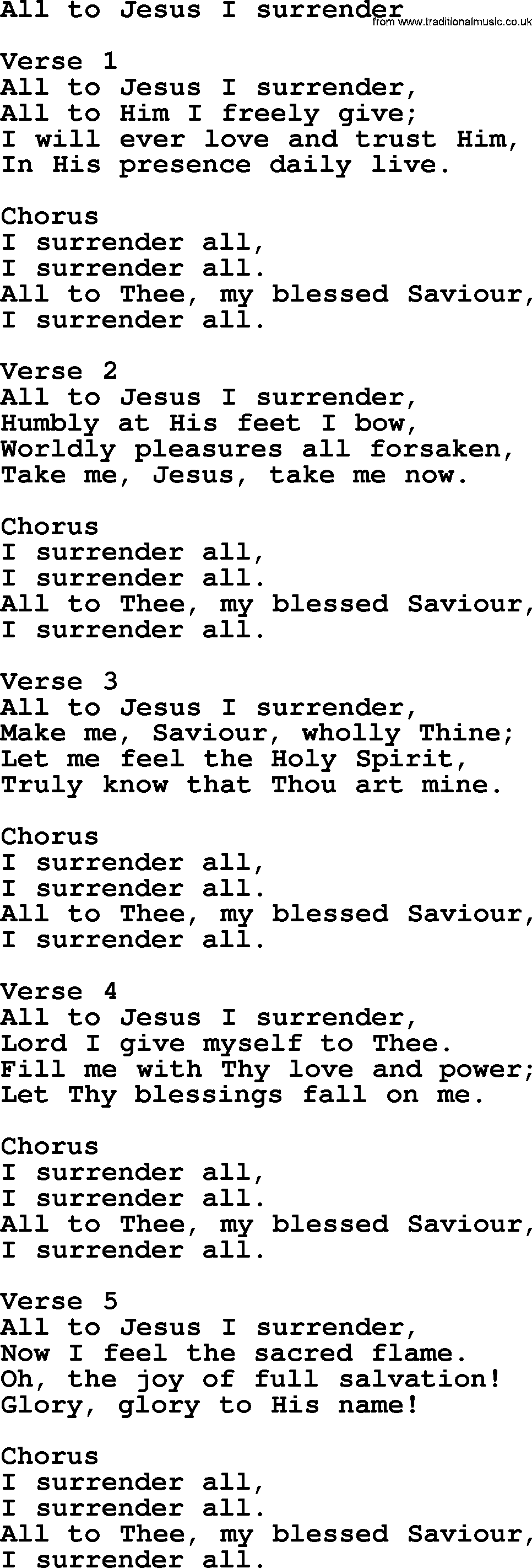 Apostolic and Pentecostal Hymns and Gospel Songs, Hymn: All To Jesus I Surrender, Christian lyrics and PDF