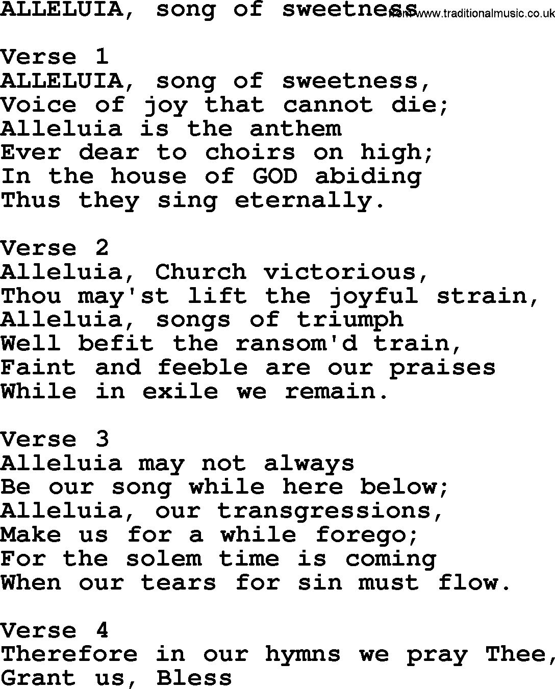 Apostolic and Pentecostal Hymns and Gospel Songs, Hymn: Alleluia, Song Of Sweetness, Christian lyrics and PDF