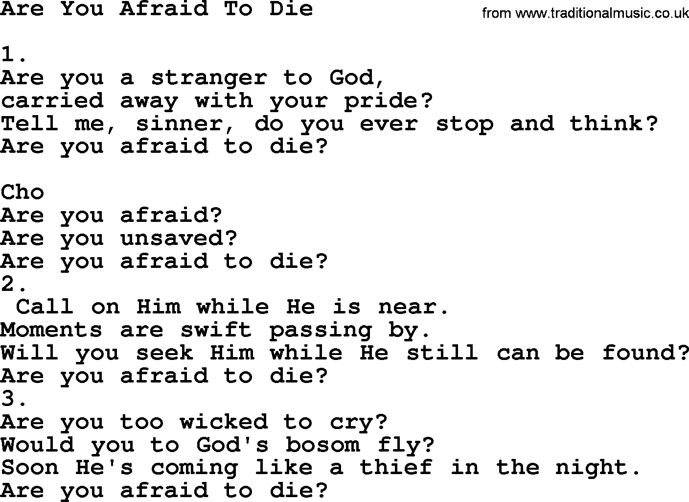 Apostolic & Pentecostal Hymns and Songs, Hymn: Are You Afraid To Die lyrics and PDF