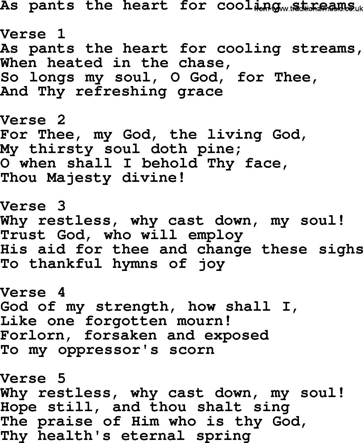 Apostolic and Pentecostal Hymns and Gospel Songs, Hymn: As Pants The Heart For Cooling Streams, Christian lyrics and PDF