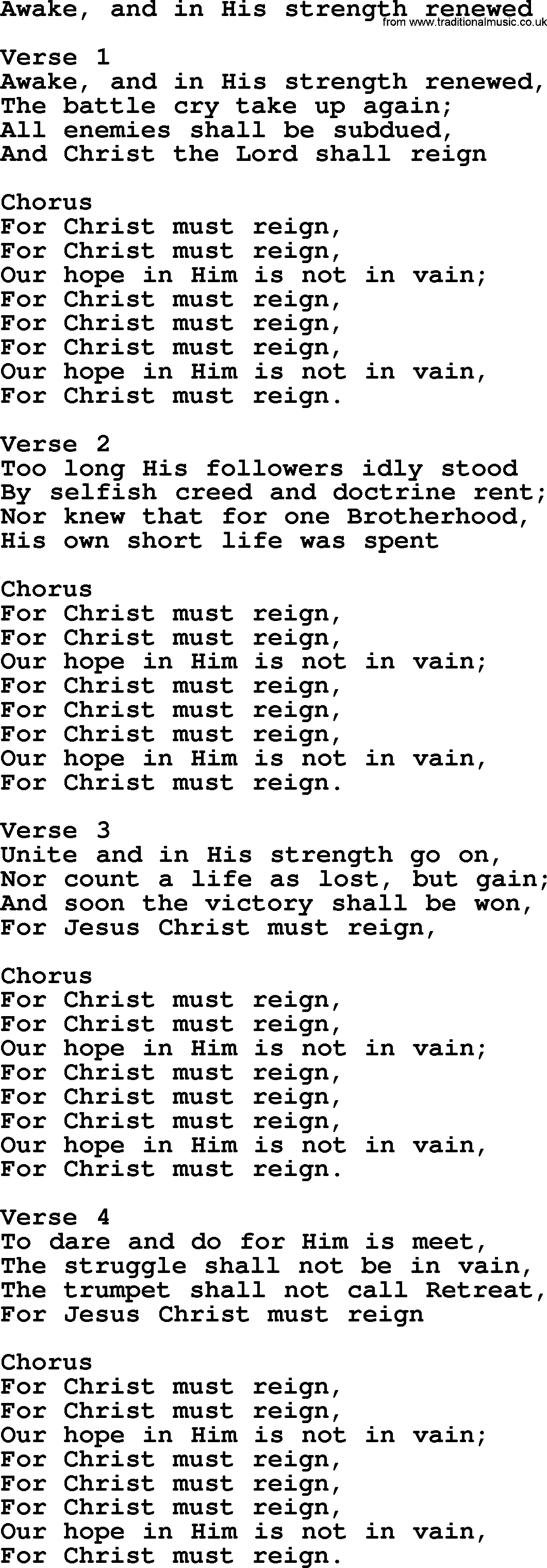 Apostolic and Pentecostal Hymns and Gospel Songs, Hymn: Awake, And In His Strength Renewed, Christian lyrics and PDF