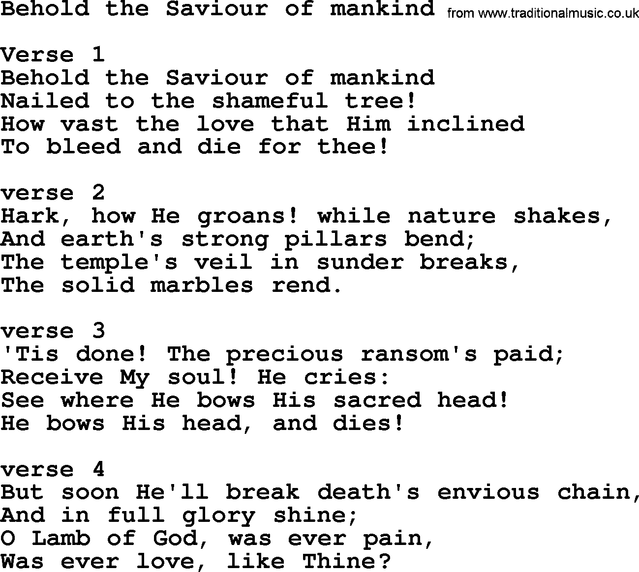 Apostolic and Pentecostal Hymns and Gospel Songs, Hymn: Behold The Saviour Of Mankind, Christian lyrics and PDF