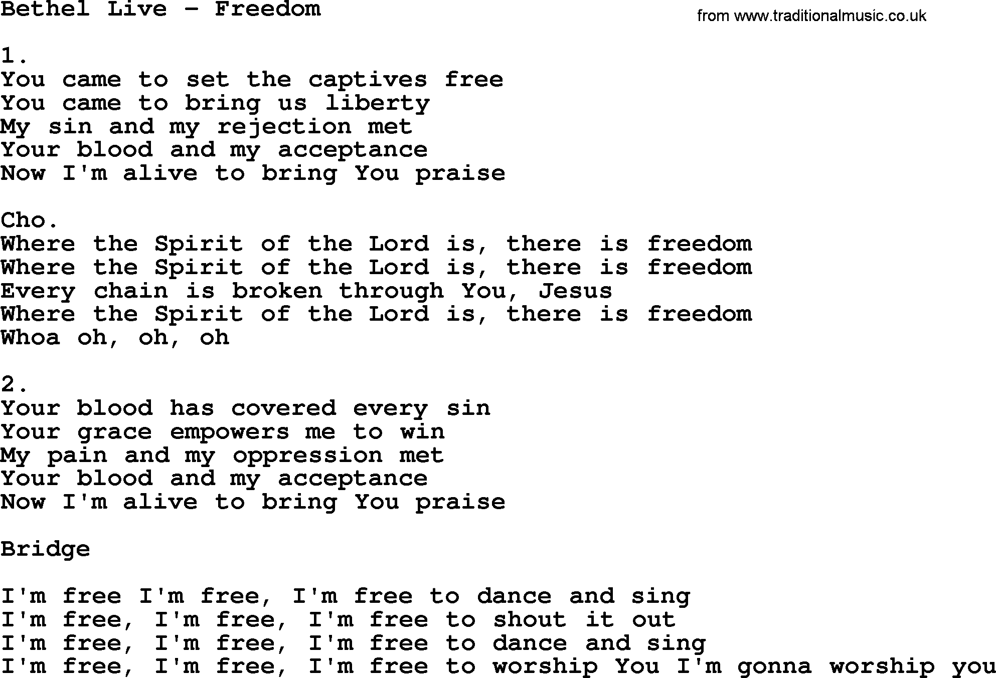 Apostolic & Pentecostal Hymns and Songs, Hymn: Bethel Live - Freedom lyrics and PDF