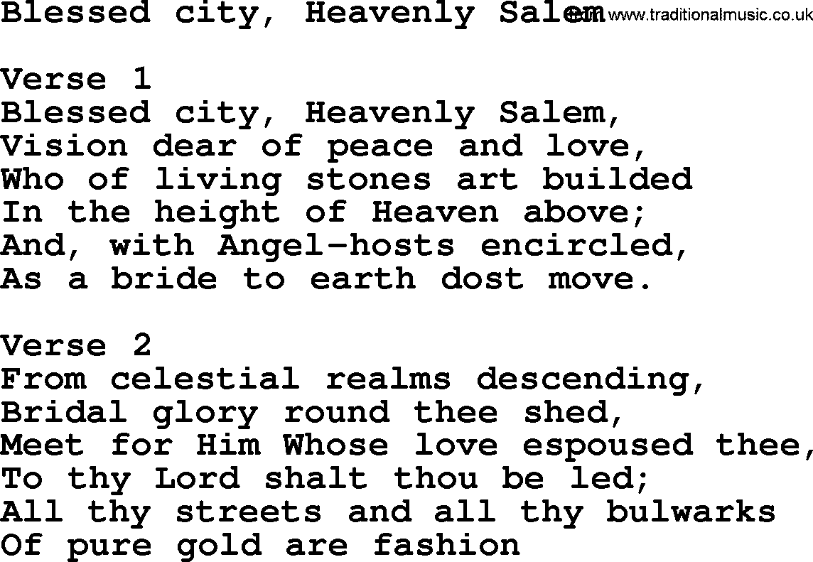 Apostolic and Pentecostal Hymns and Gospel Songs, Hymn: Blessed City, Heavenly Salem, Christian lyrics and PDF