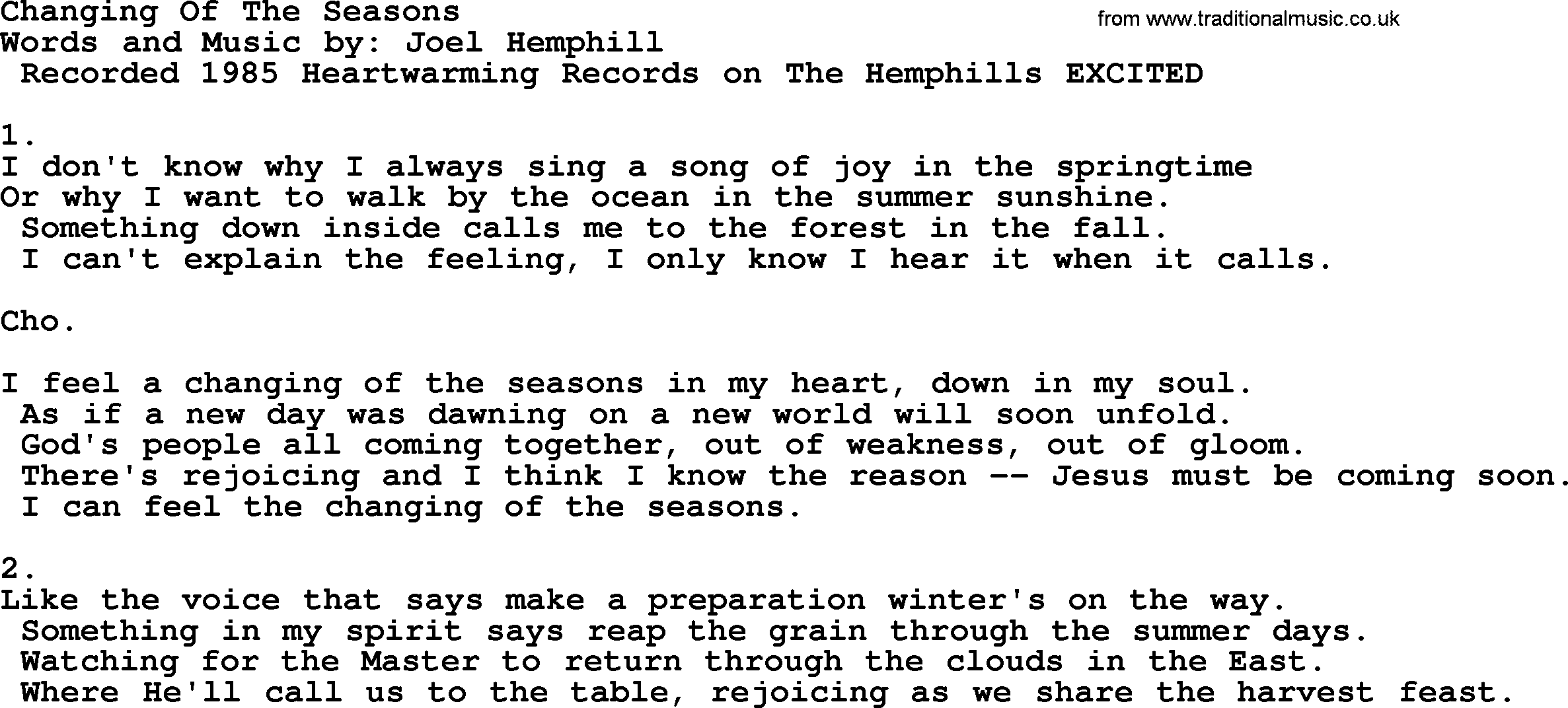 Apostolic & Pentecostal Hymns and Songs, Hymn: Changing Of The Seasons lyrics and PDF