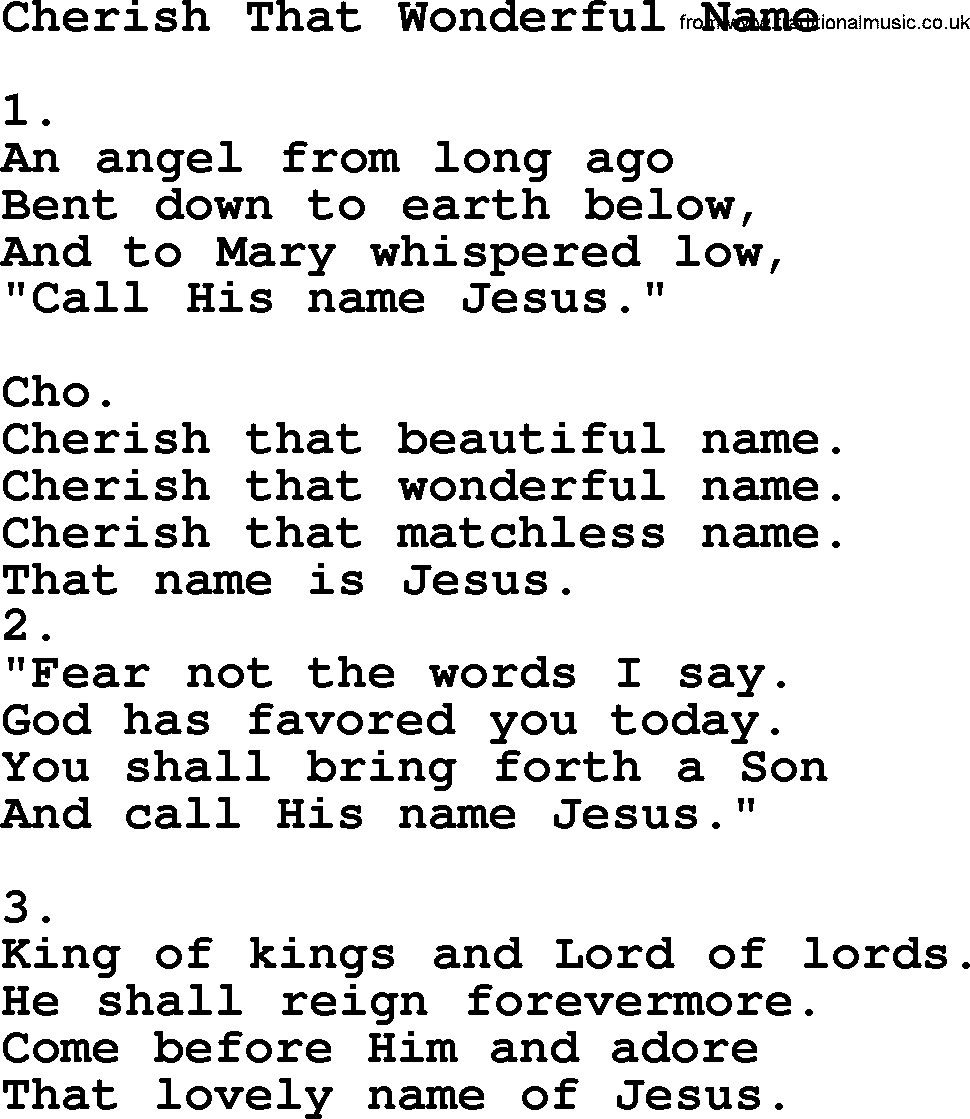 Apostolic & Pentecostal Hymns and Songs, Hymn: Cherish That Wonderful Name lyrics and PDF