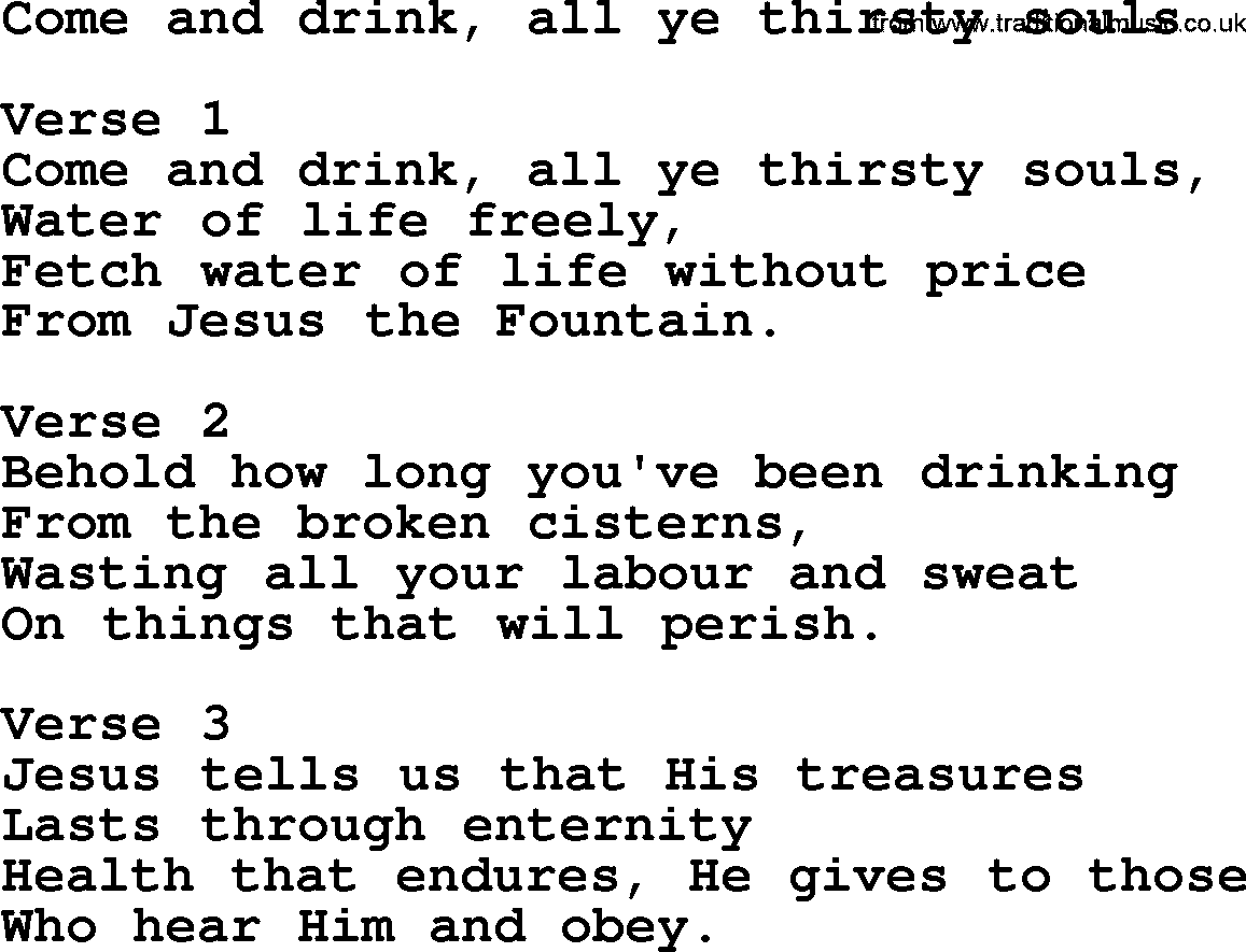 Apostolic and Pentecostal Hymns and Gospel Songs, Hymn: Come And Drink, All Ye Thirsty Souls, Christian lyrics and PDF