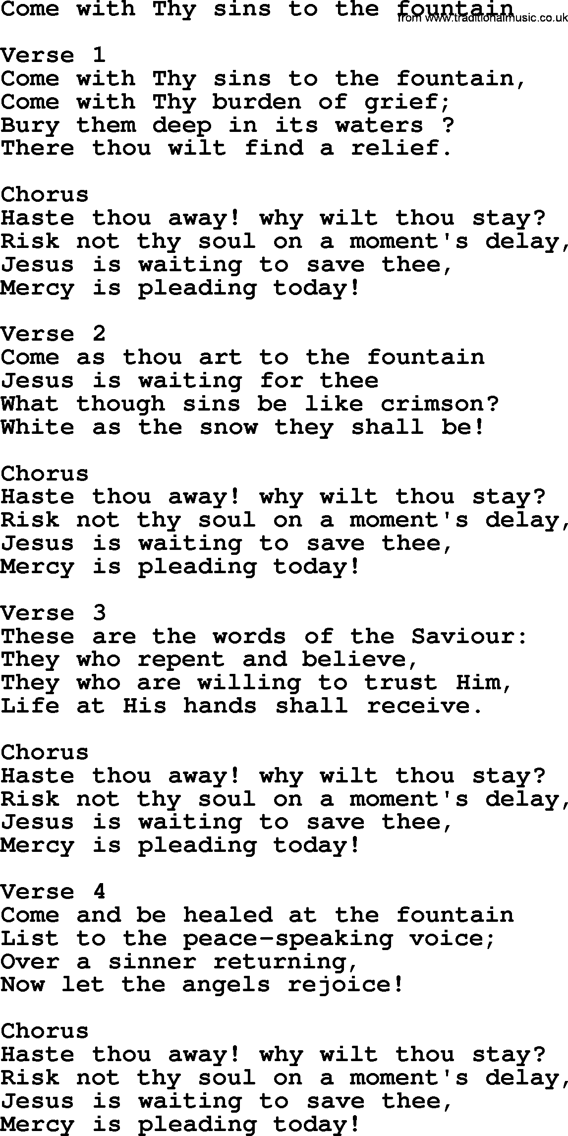 Apostolic and Pentecostal Hymns and Gospel Songs, Hymn: Come With Thy Sins To The Fountain, Christian lyrics and PDF