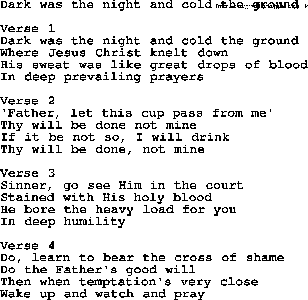 Apostolic and Pentecostal Hymns and Gospel Songs, Hymn: Dark Was The Night And Cold The Ground, Christian lyrics and PDF