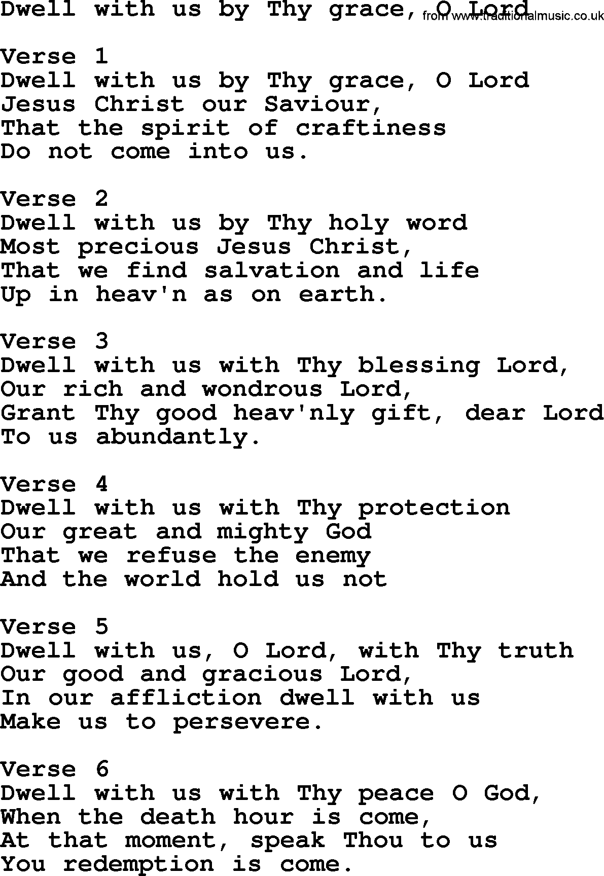 Apostolic and Pentecostal Hymns and Gospel Songs, Hymn: Dwell With Us By Thy Grace, O Lord, Christian lyrics and PDF