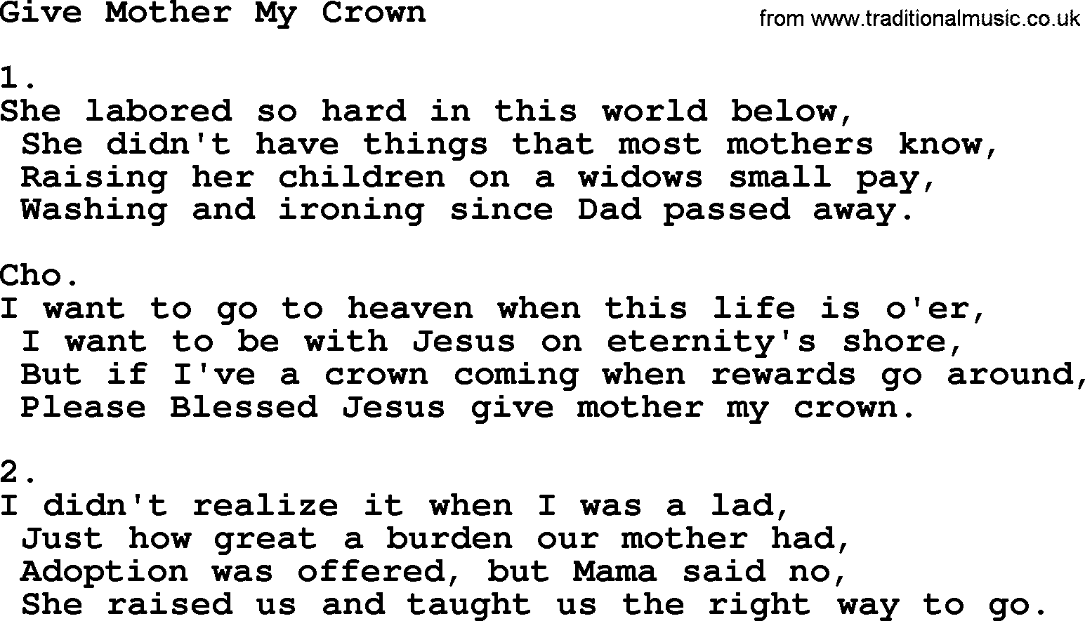 Apostolic & Pentecostal Hymns and Songs, Hymn: Give Mother My Crown lyrics and PDF
