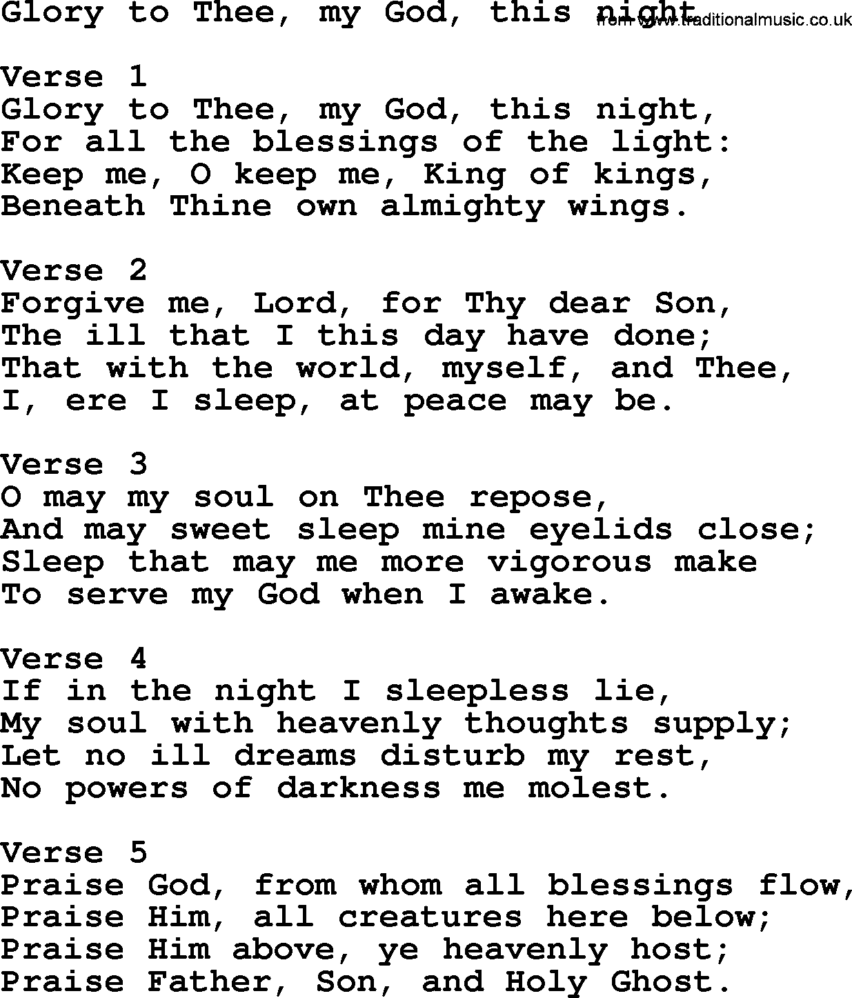 Apostolic and Pentecostal Hymns and Gospel Songs, Hymn: Glory To Thee, My God, This Night, Christian lyrics and PDF