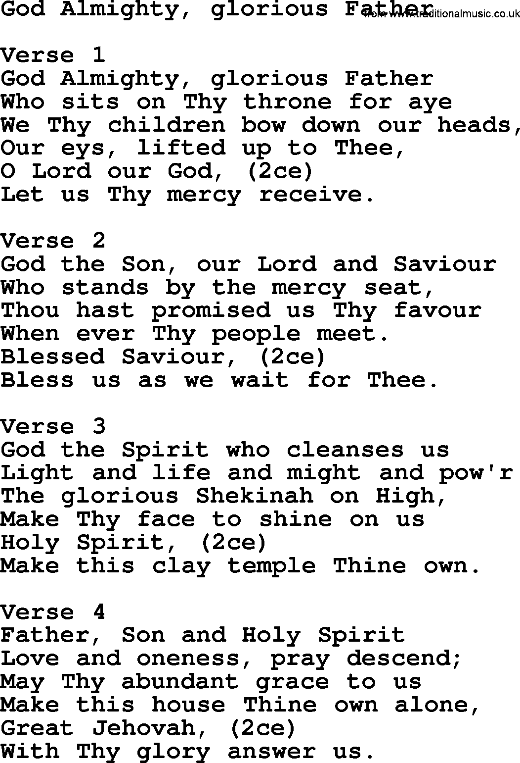 Apostolic and Pentecostal Hymns and Gospel Songs, Hymn: God Almighty, Glorious Father, Christian lyrics and PDF